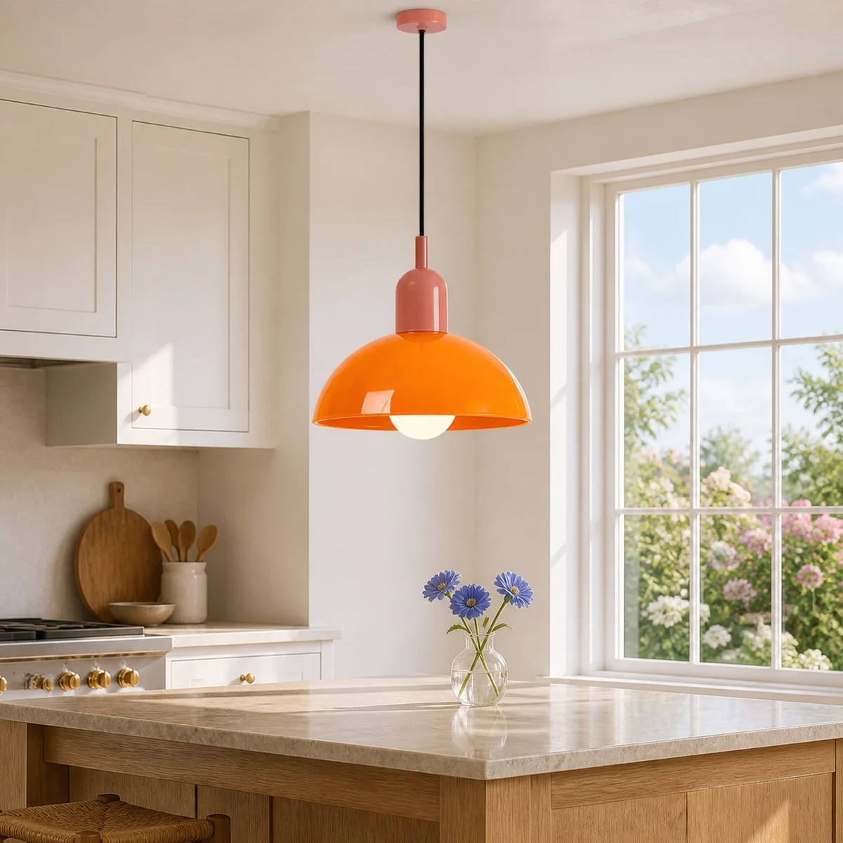 Close orange and pink Aurelia pendant above a bright kitchen island