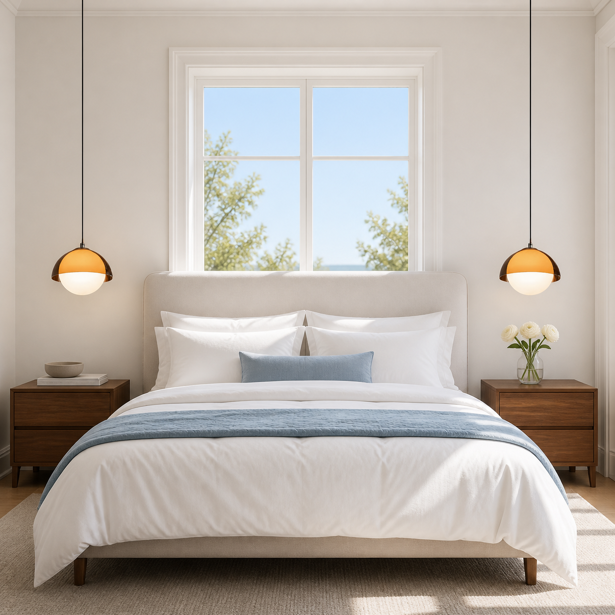 Two walnut acrylic pendants used as bedside lights