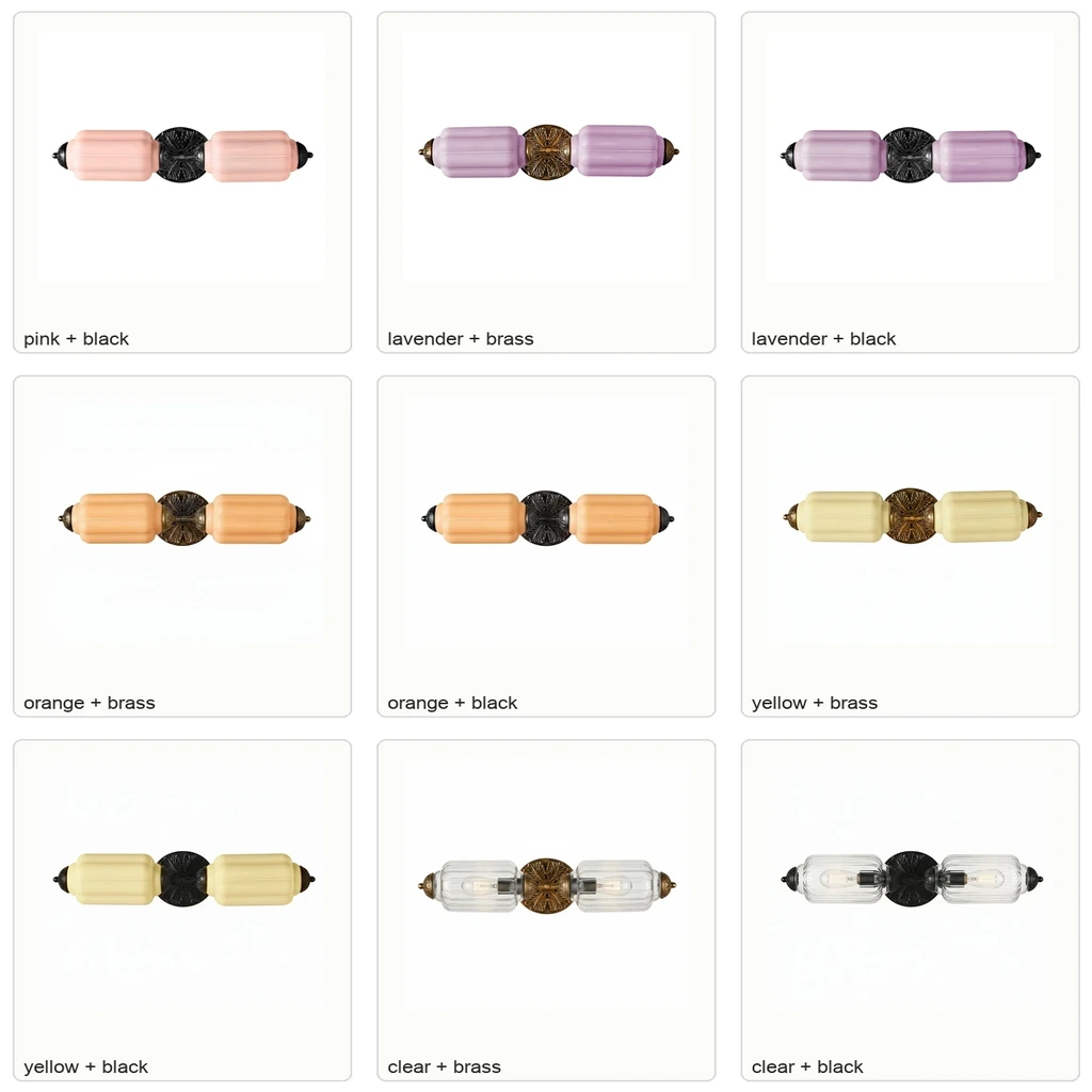 Combinações de vidro e metal da Rory, incluindo rosa, lavanda, laranja, amarelo e transparente.