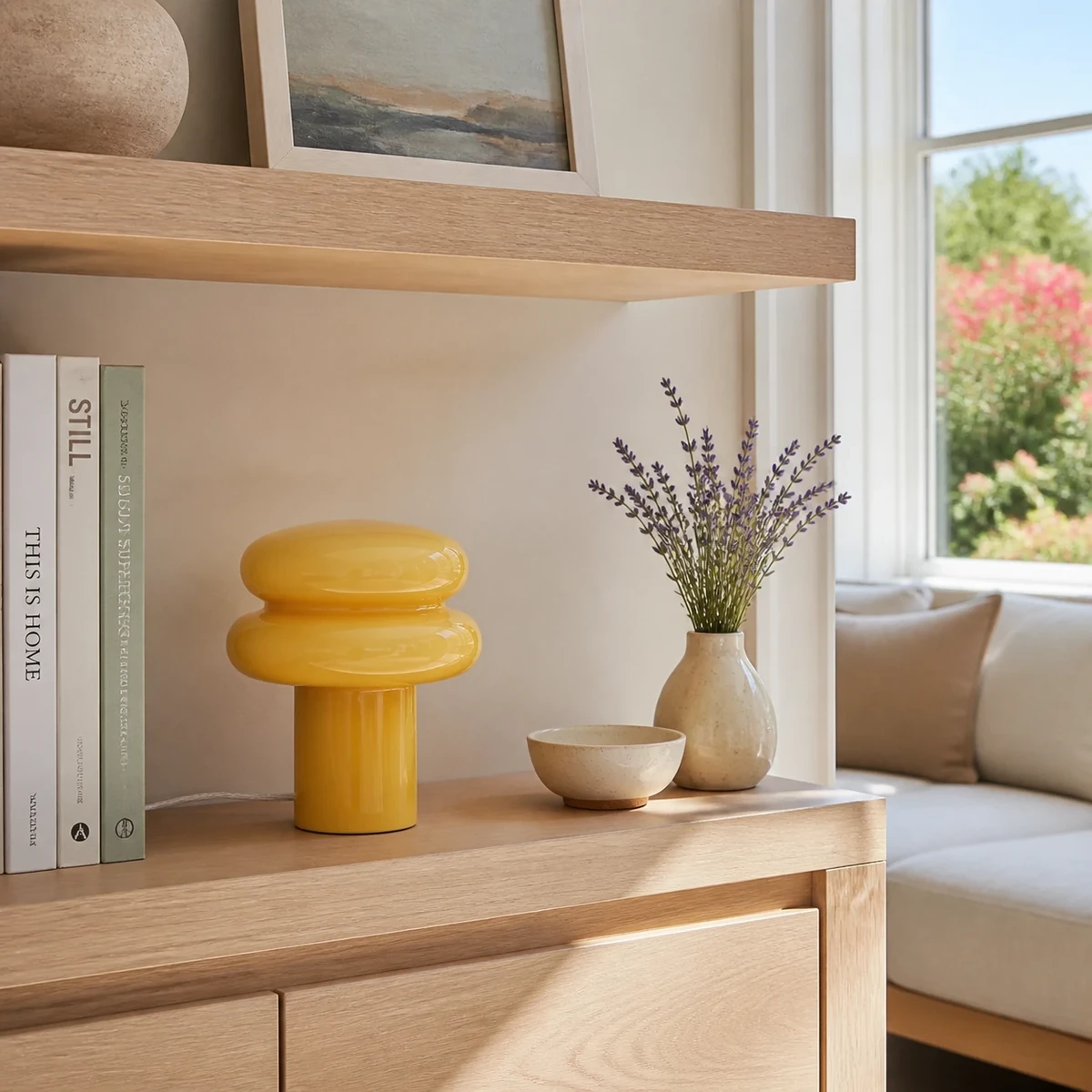 Mustard yellow Lailly lamp on an oak shelf