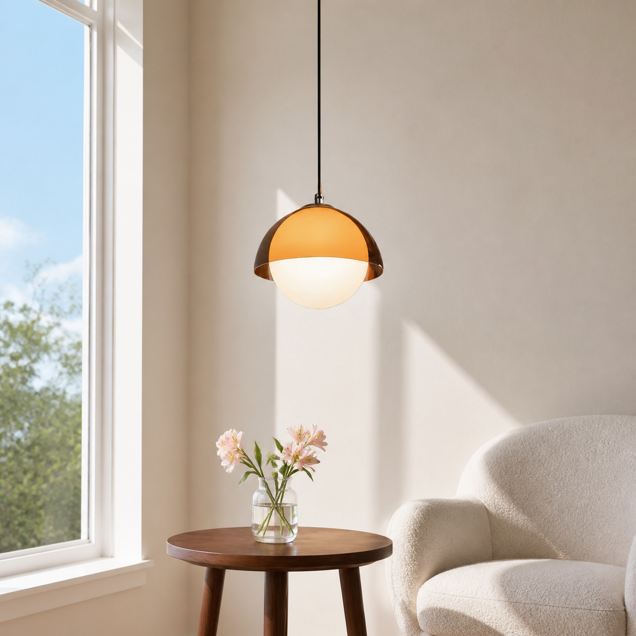 Walnut acrylic pendant above a reading-side table