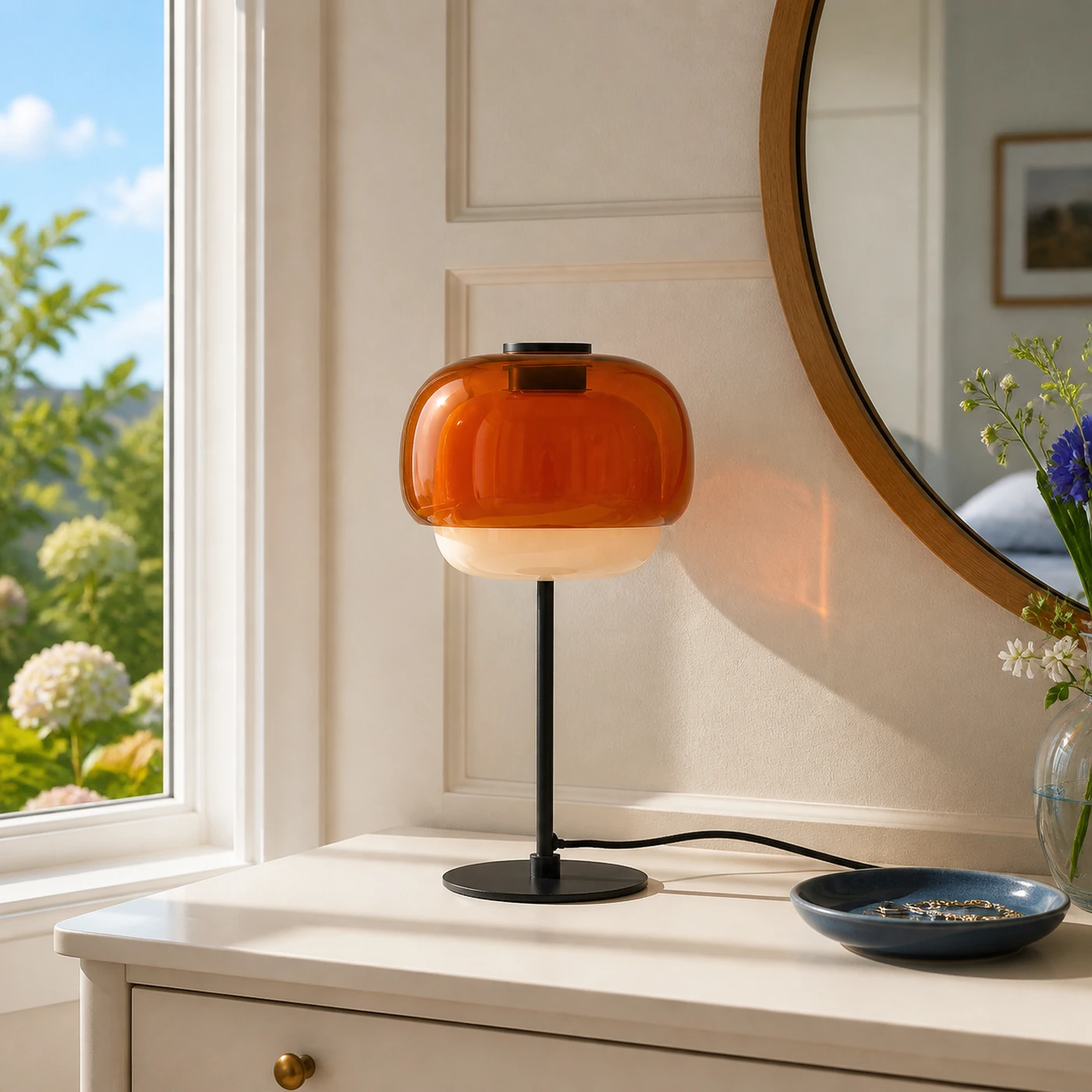 Orangefarbene Ava-Lampe auf einem hellen Schminktisch im Schlafzimmer