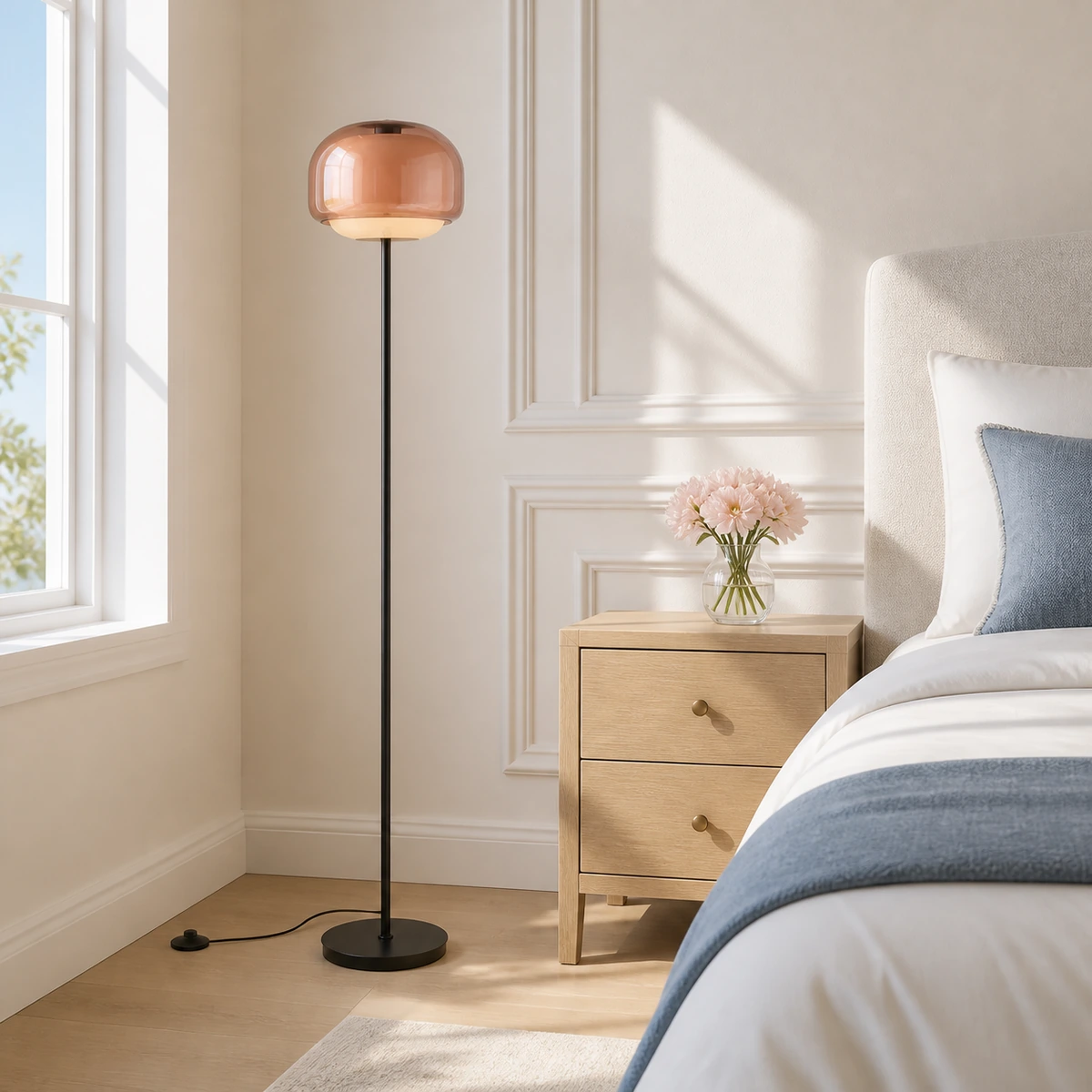 Nude Sanae floor lamp beside a bright bedroom