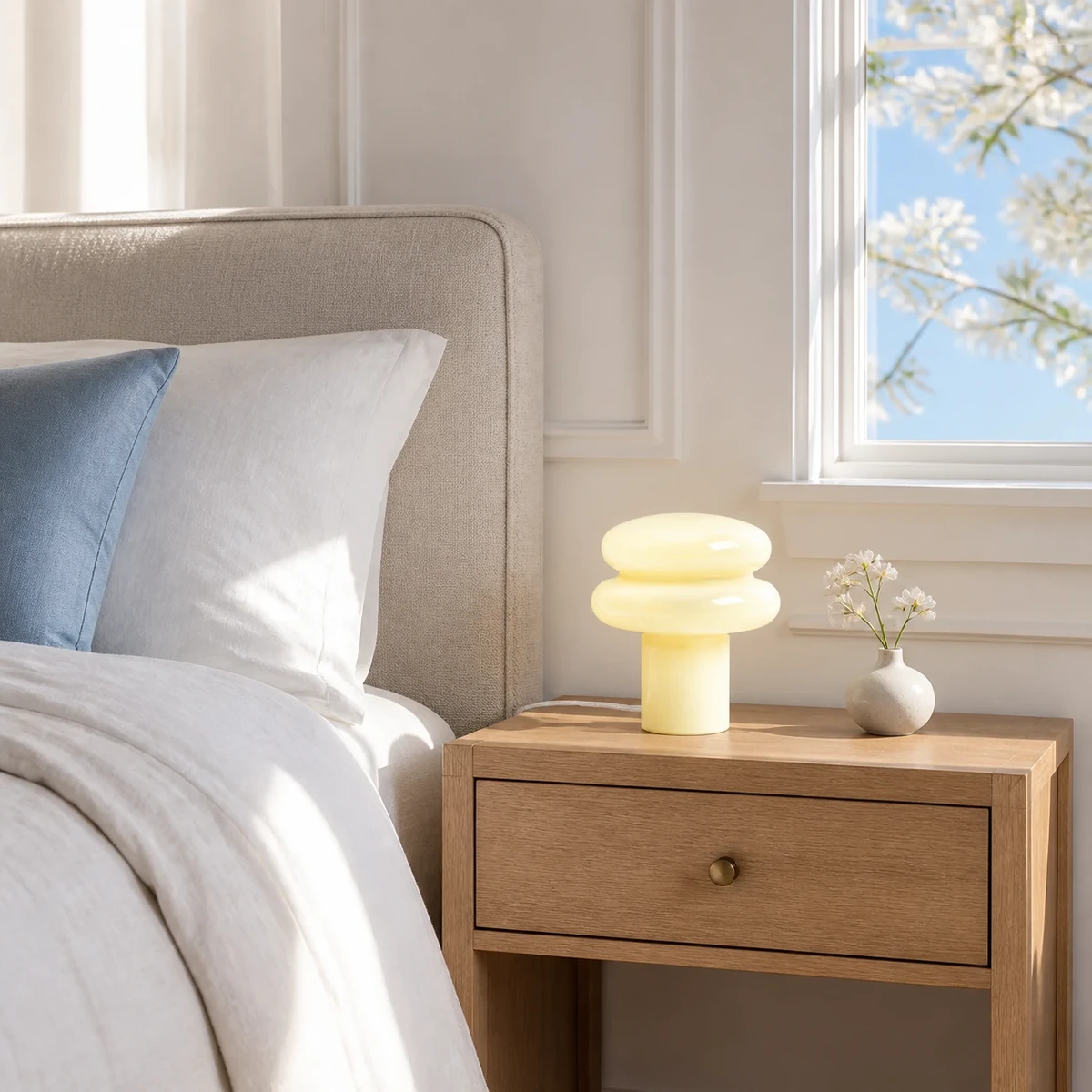 Light yellow Lailly lamp on a bedroom nightstand
