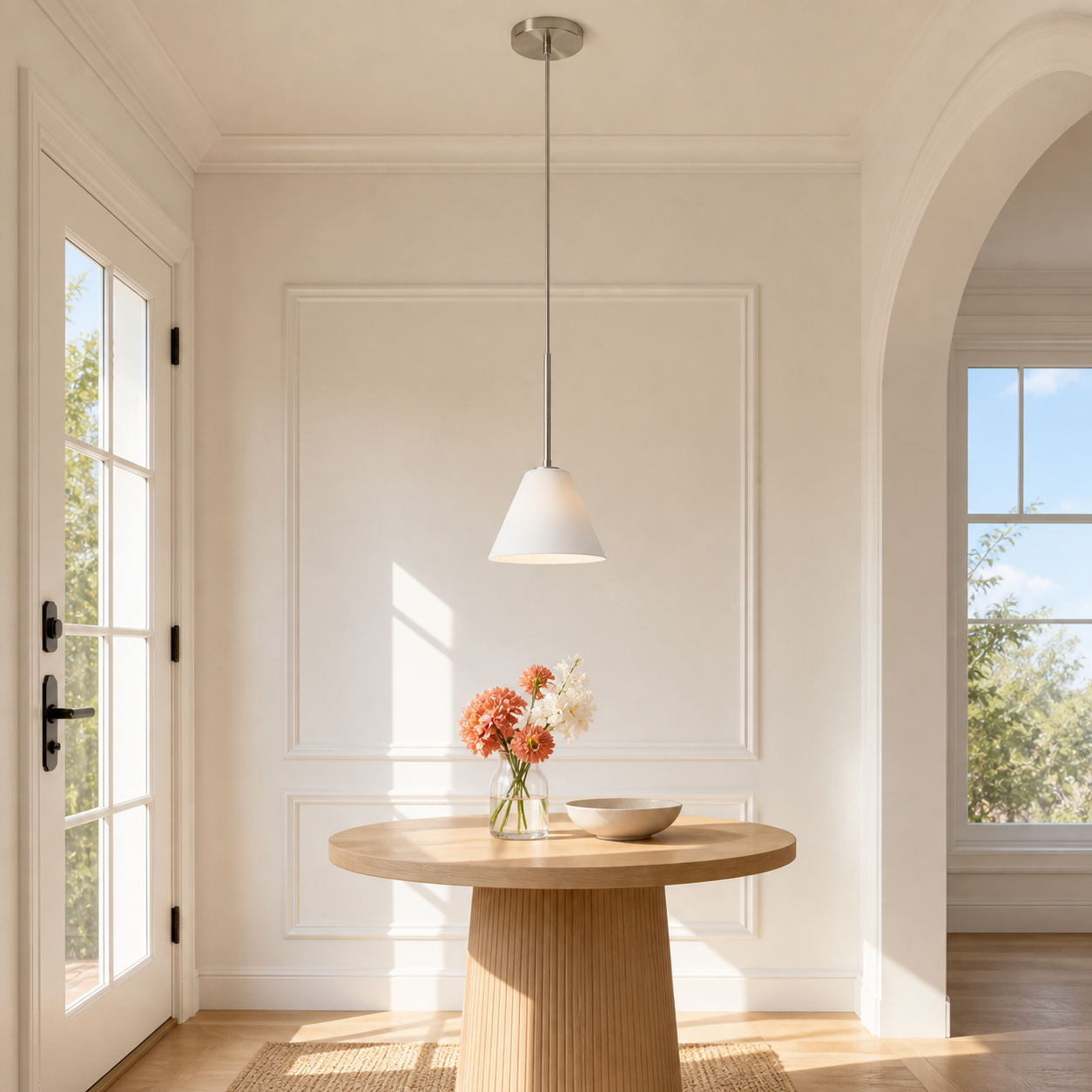 Milk glass and Nickel pendant in a bright entry