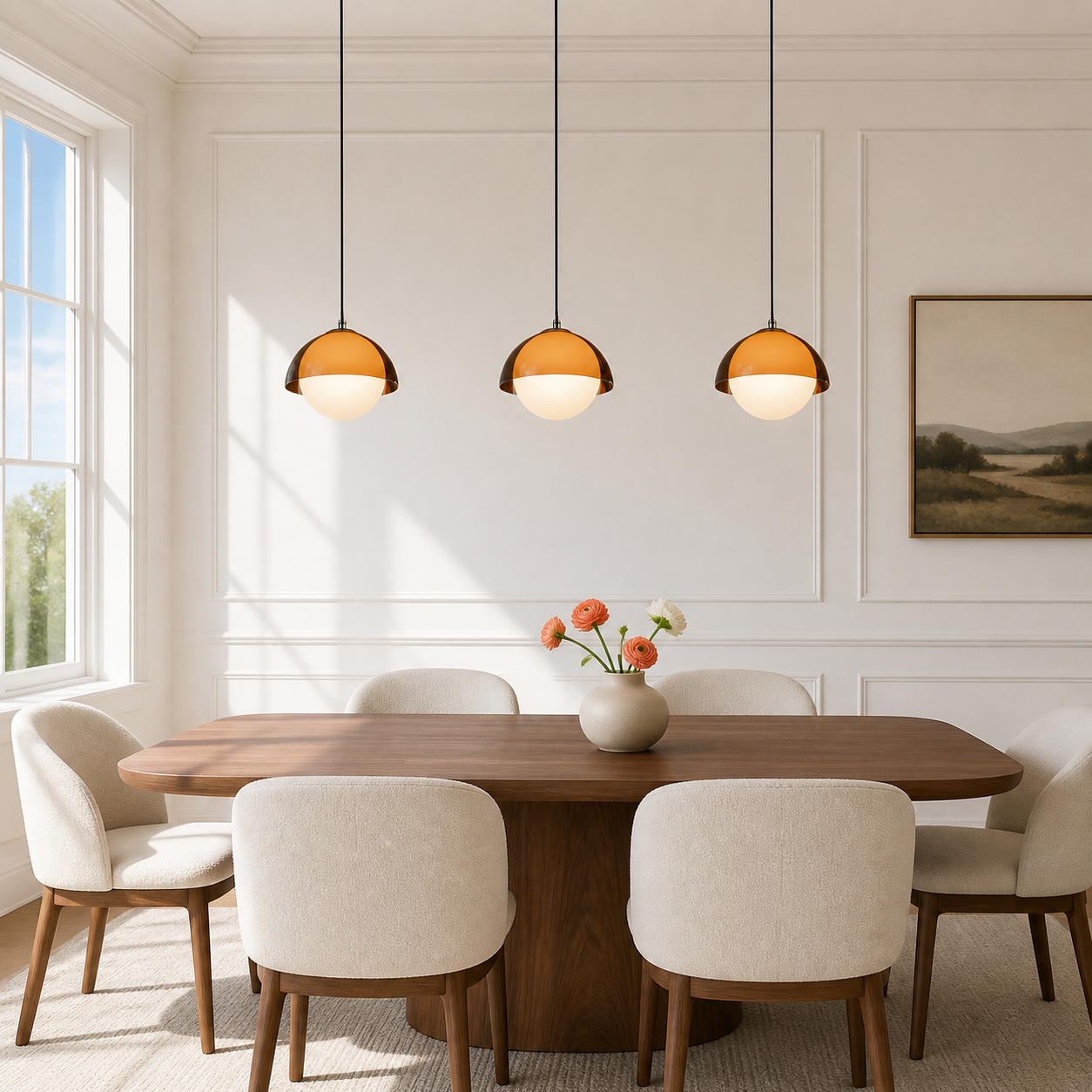 Three walnut acrylic pendants above a bright dining table