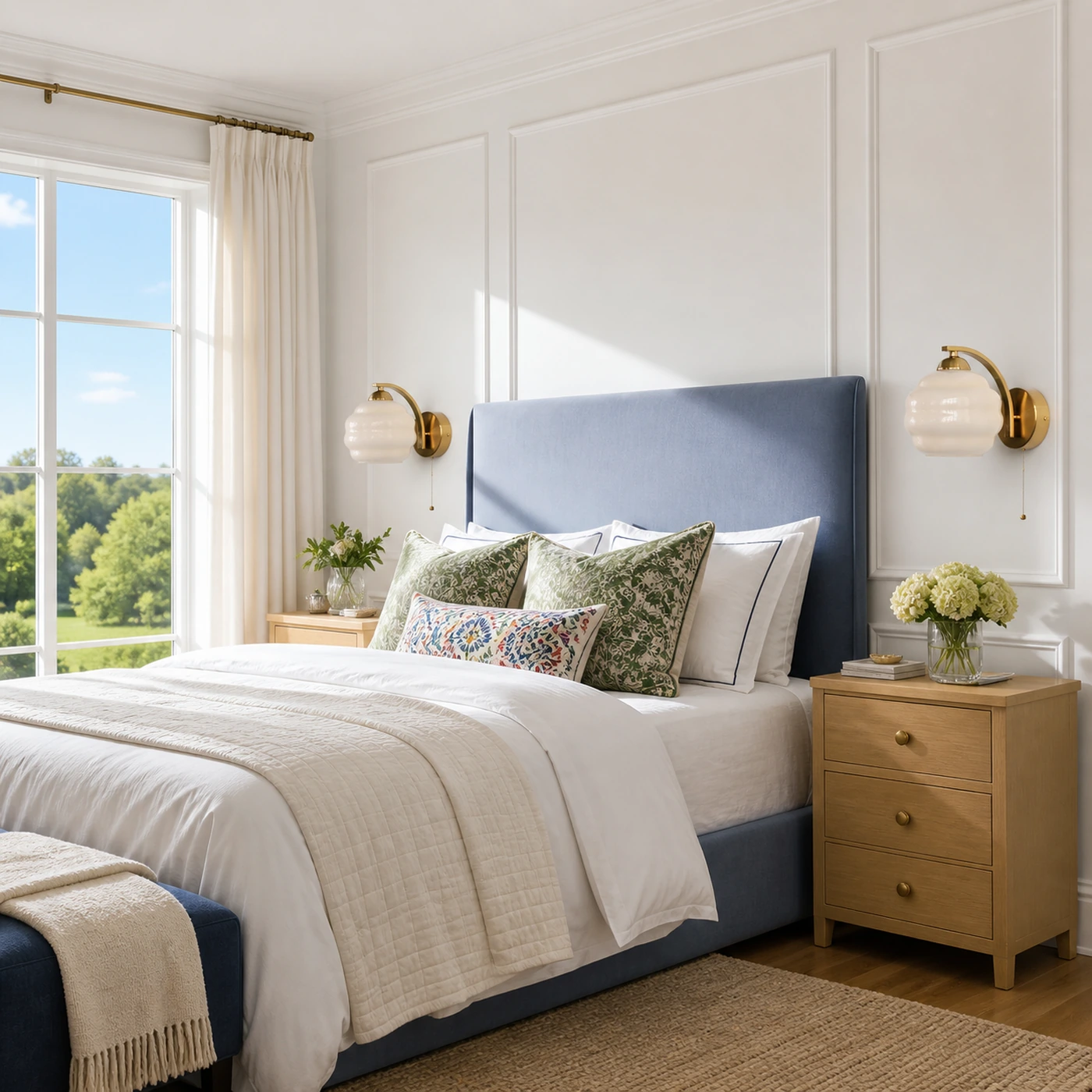 Pair of Beige milk glass sconces in a bright bedroom