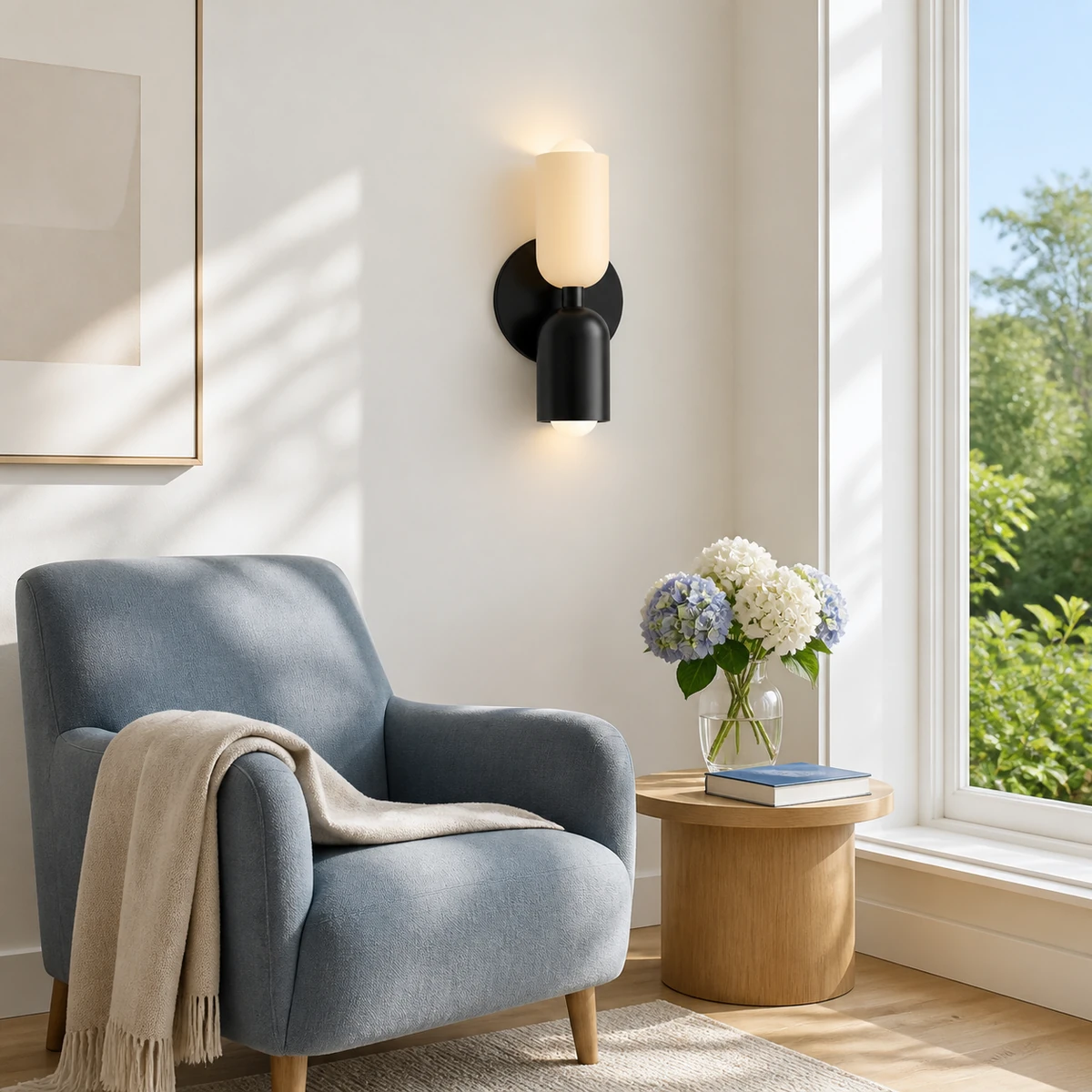 Barra wall light in a bright reading nook