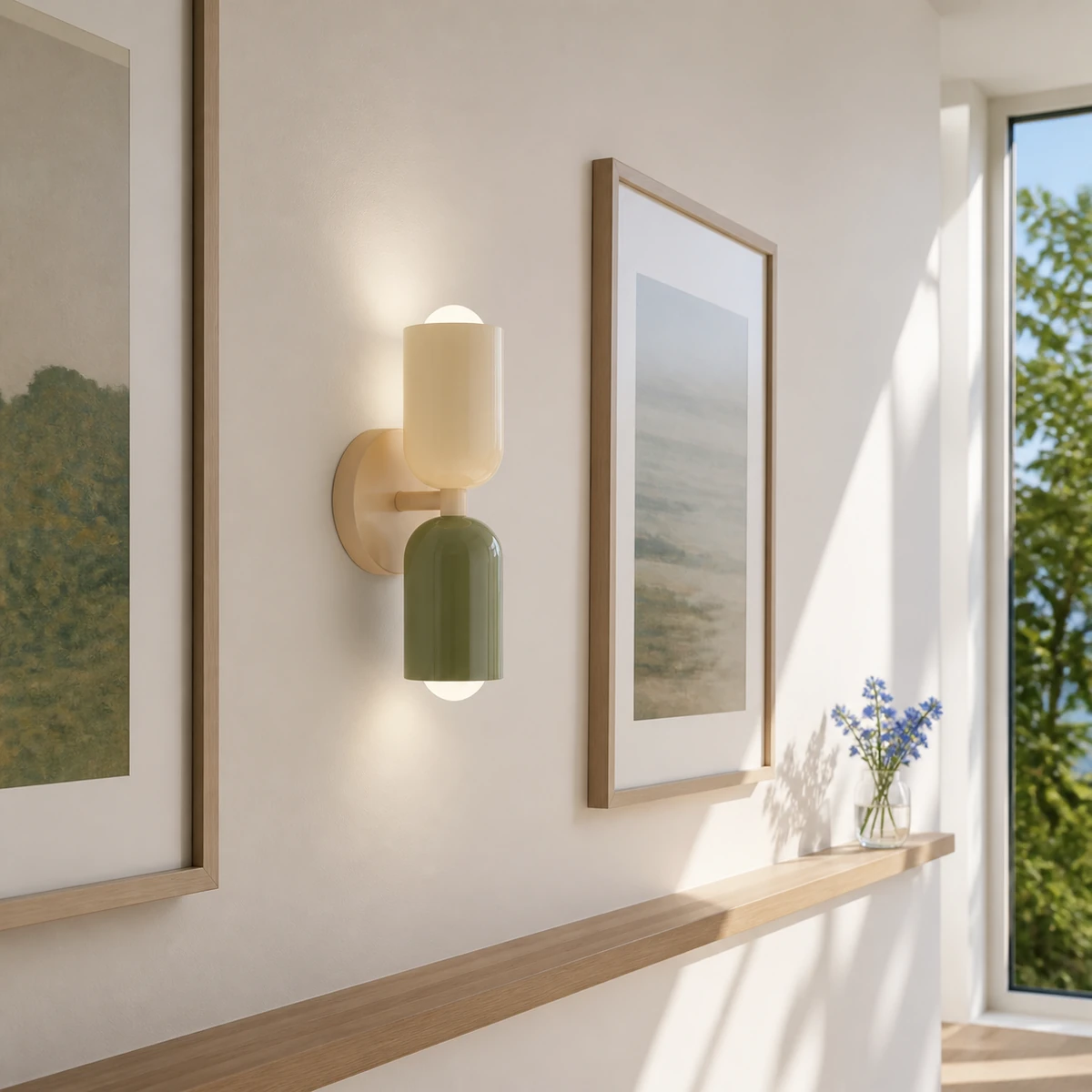 Barra wall light between artwork in a bright hallway