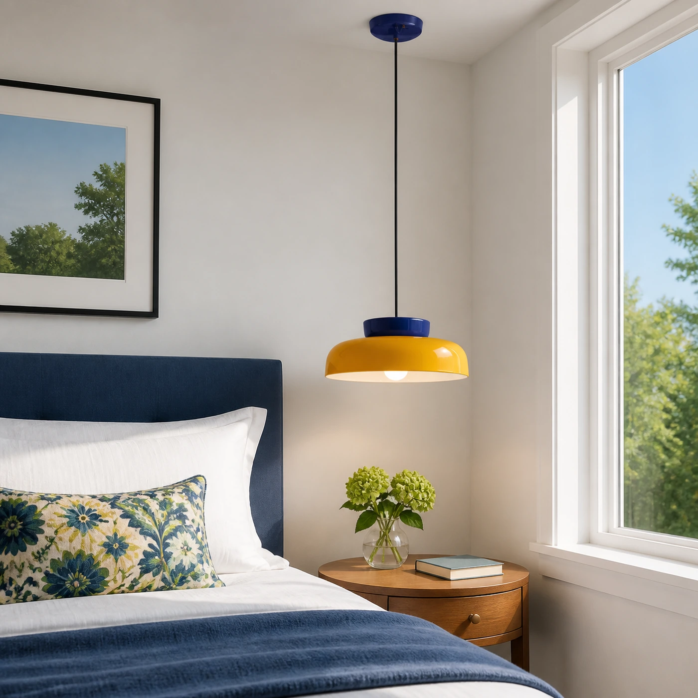 Blue and Yellow ceramic pendant beside a bright bedroom