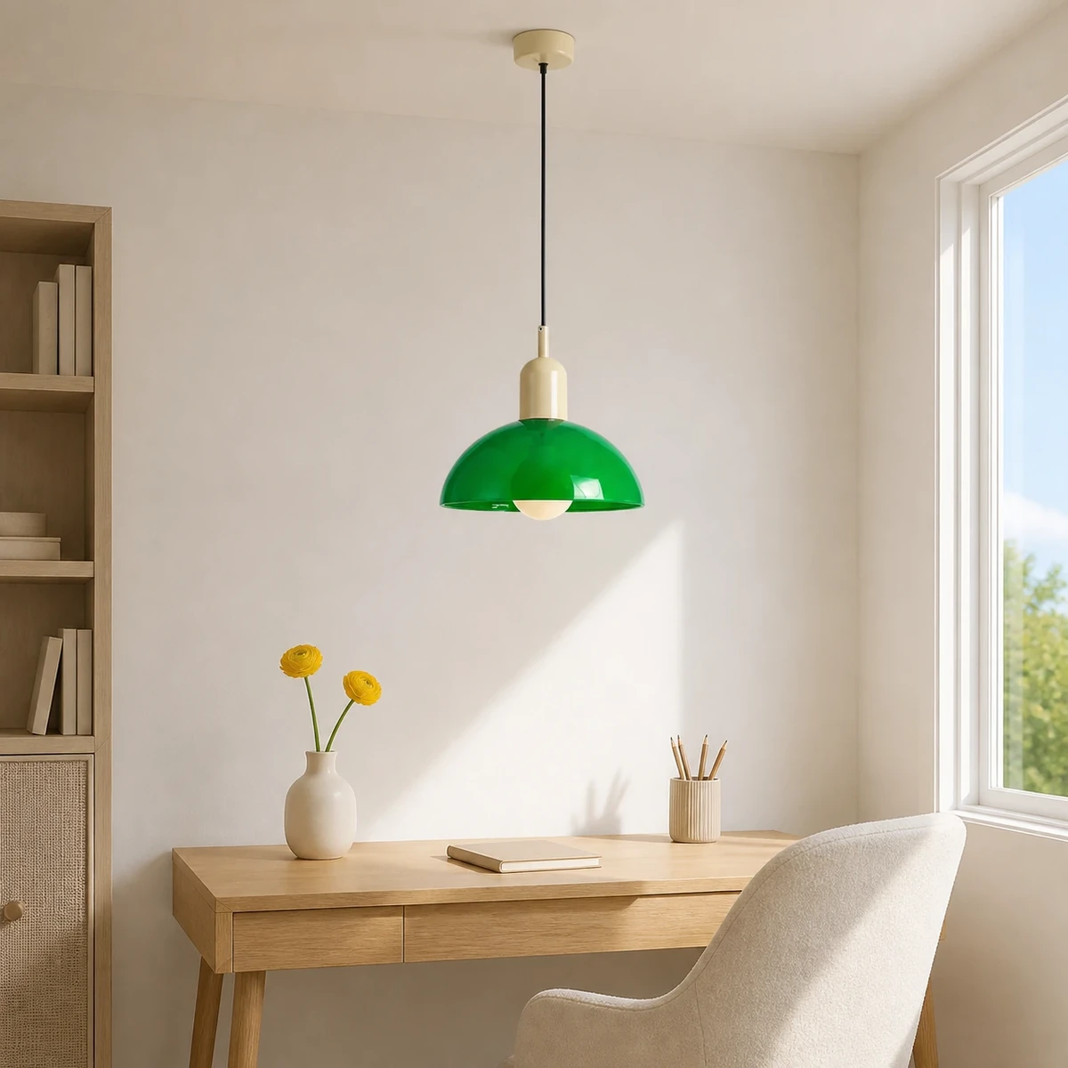 Green and beige Aurelia pendant above a home office desk