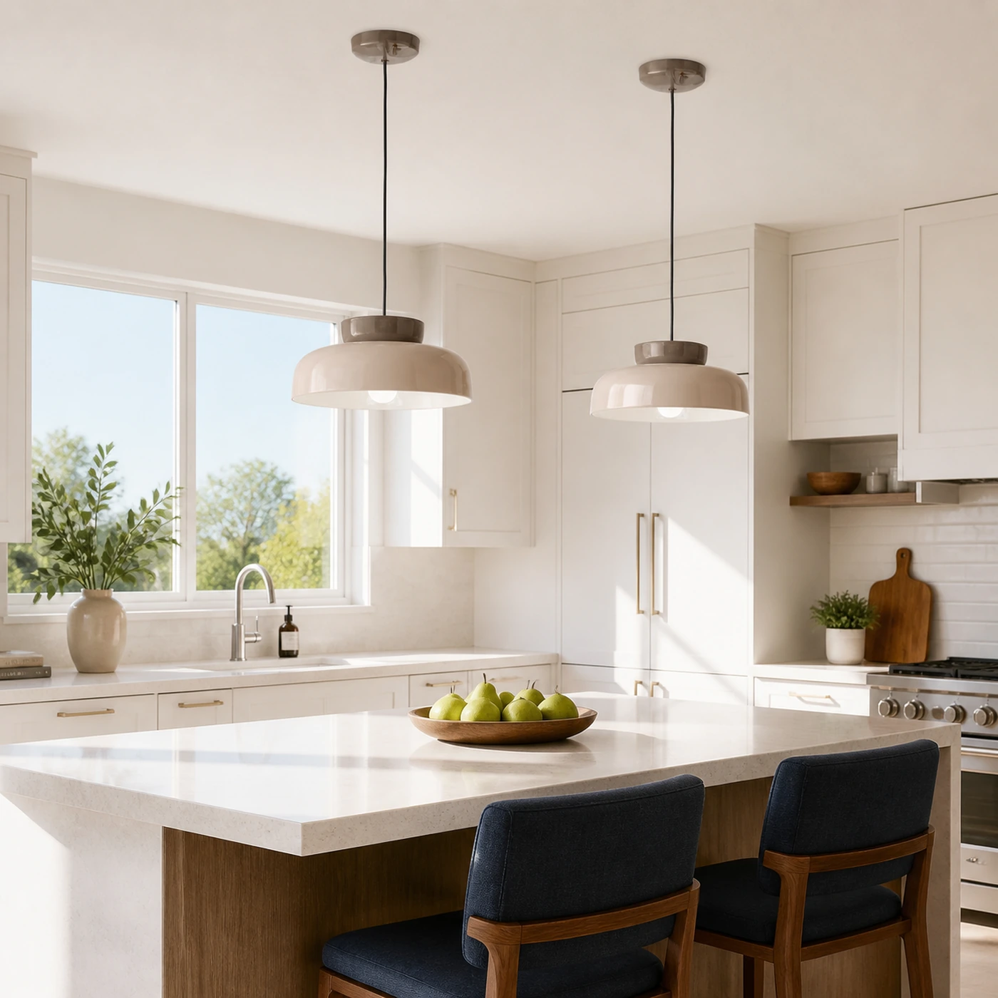 Coffee and Sand Brown pendant pair in a bright kitchen