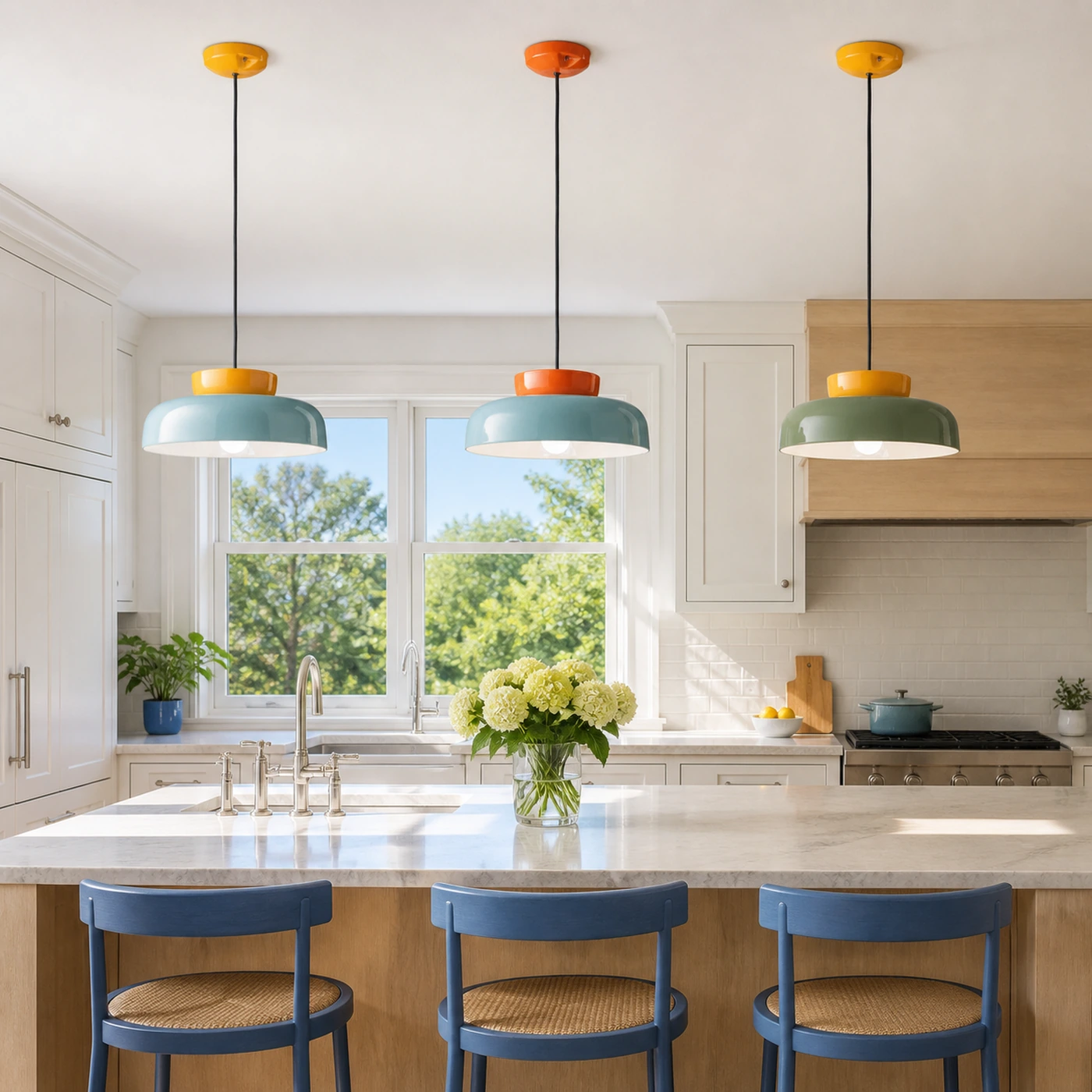 Three mixed-color Faelyraen pendants over a long kitchen island