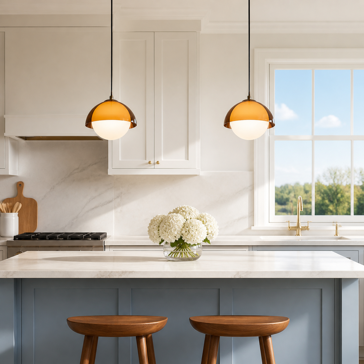 Two walnut acrylic pendants above a bright kitchen island