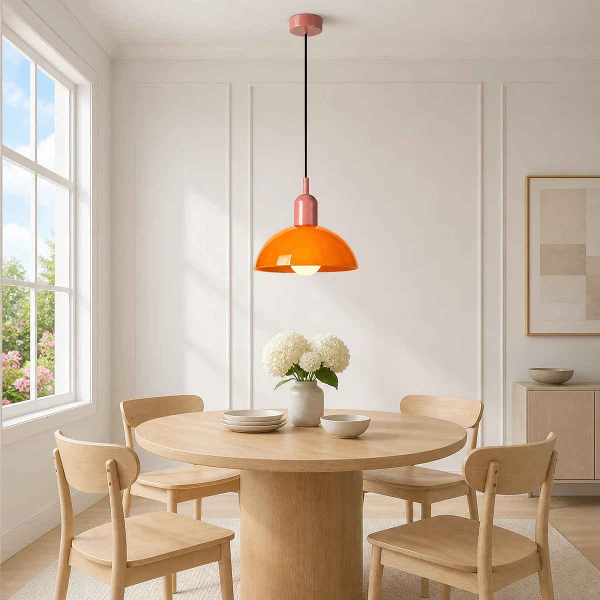 Orange and pink Aurelia pendant above a dining table in daylight