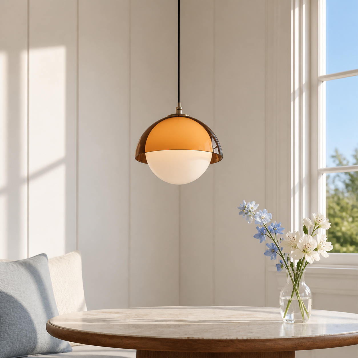 Walnut acrylic Bauhaus pendant above a sunlit breakfast table
