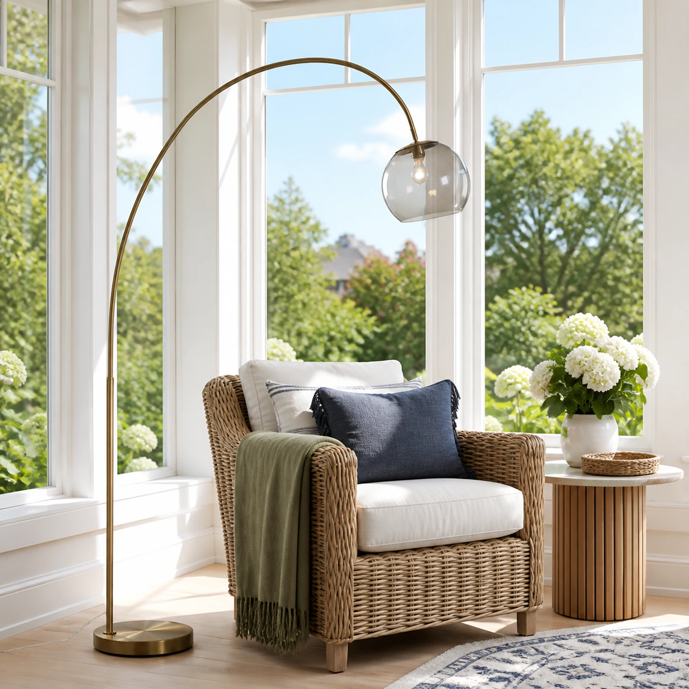 Wintergarten mit der Keacy Modern Acrylic Brass Bogen-Stehleuchte