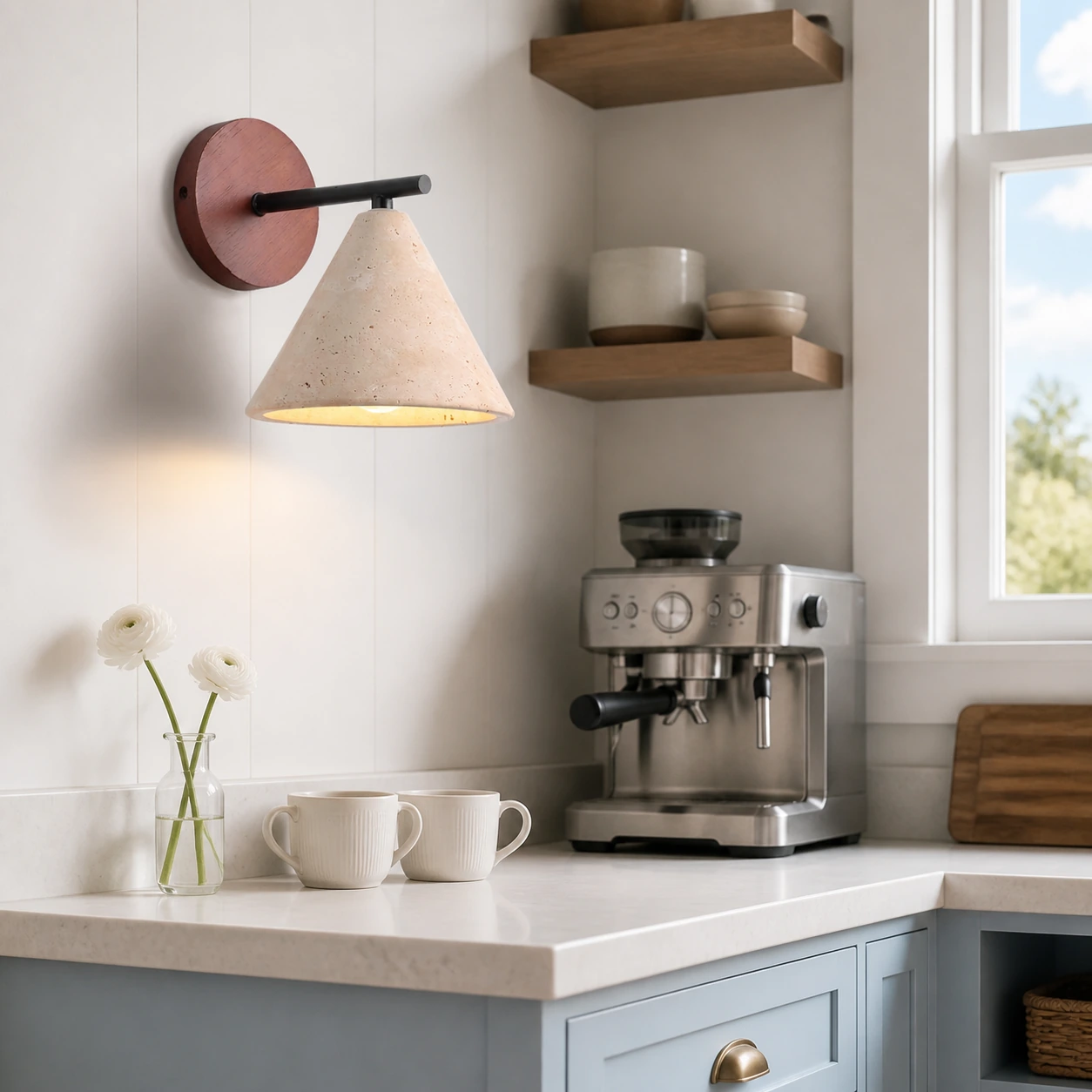 Travertine wall light above a bright kitchen coffee station
