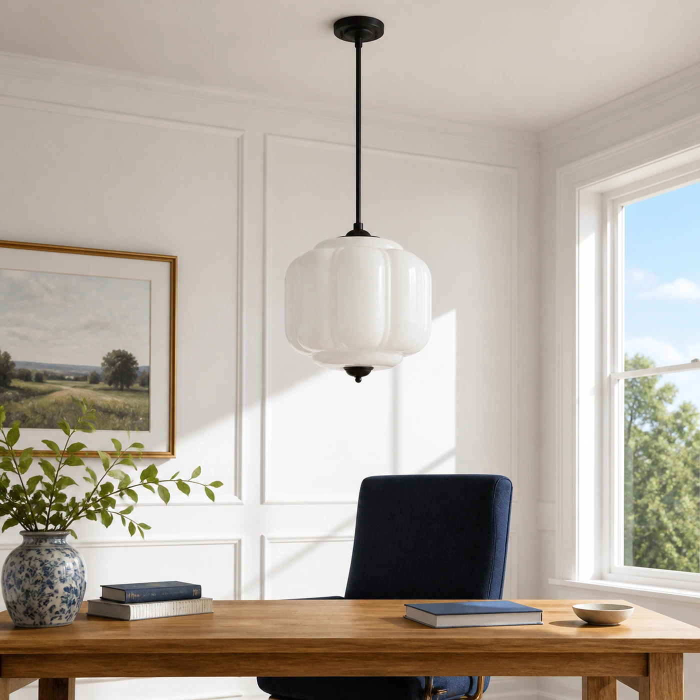 White Glass and Black Mia over a home-office desk