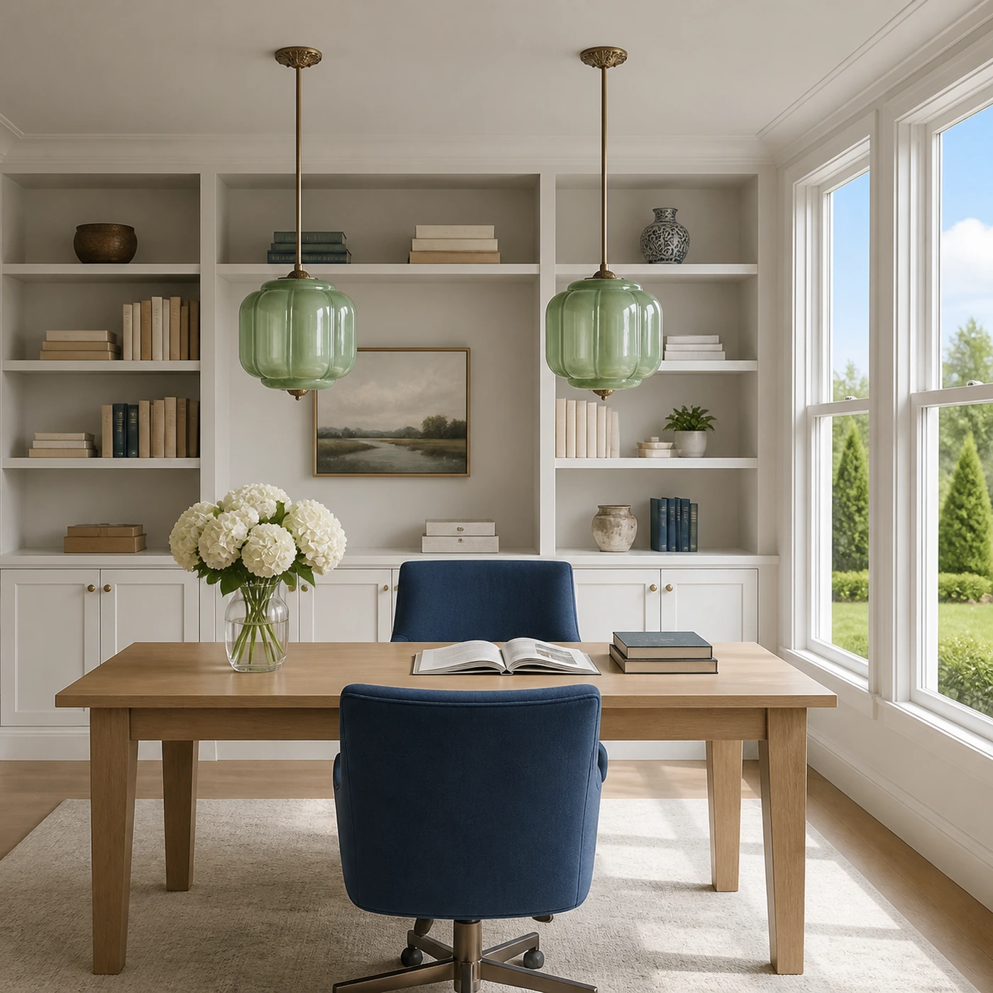 Two Green Glass and Brass Mia pendants over a library table