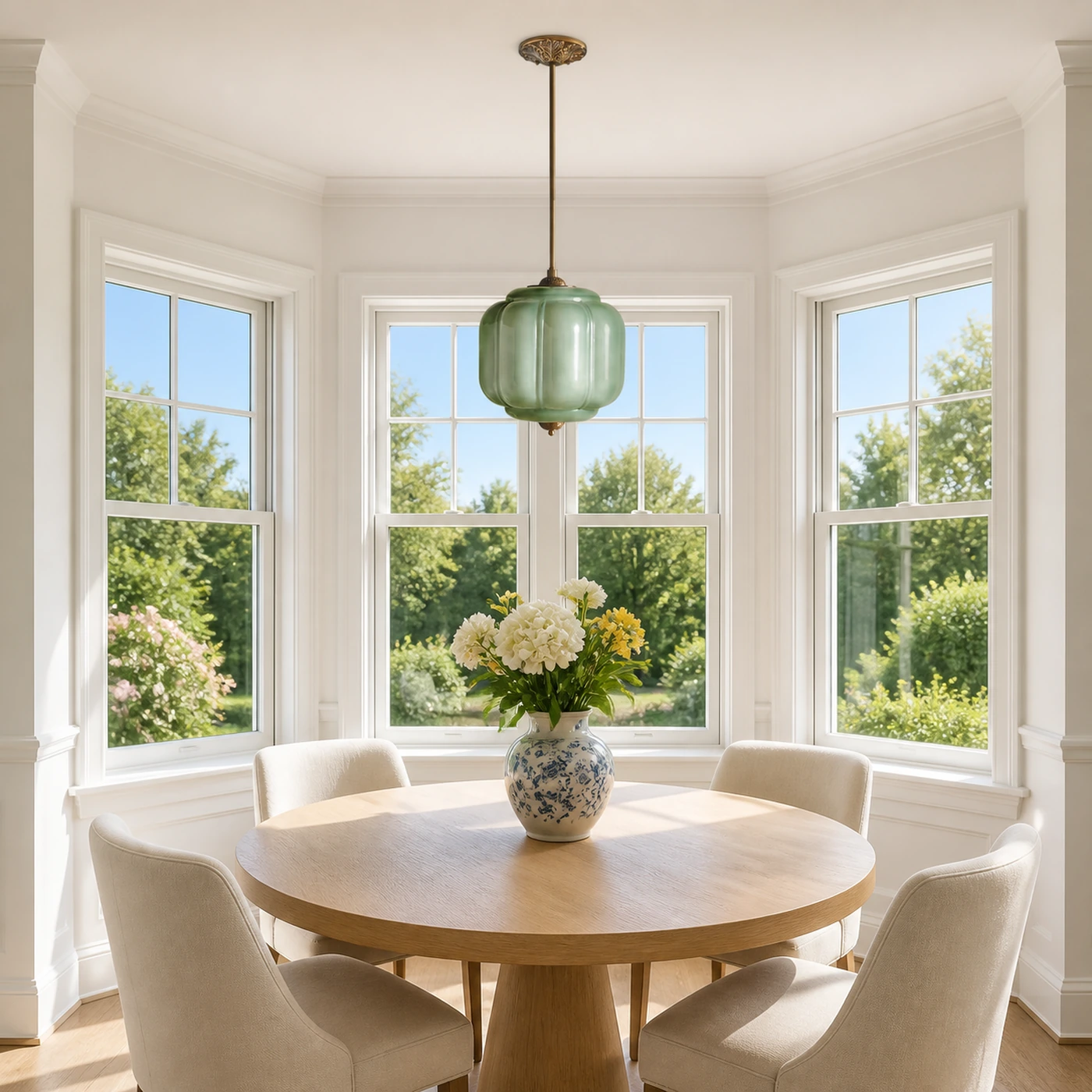 Green Glass and Brass Mia in a breakfast nook