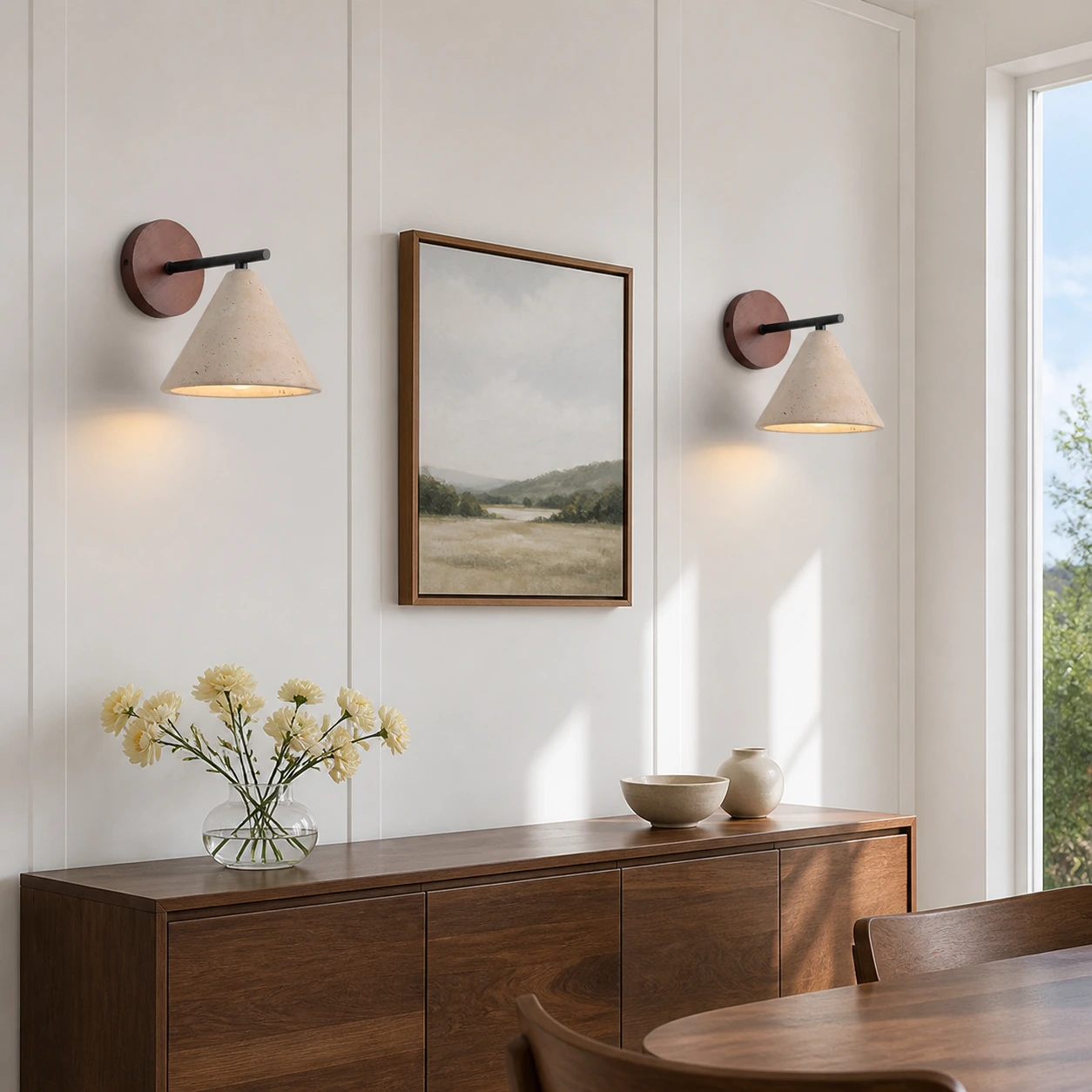 Two travertine wall lights above a walnut dining sideboard