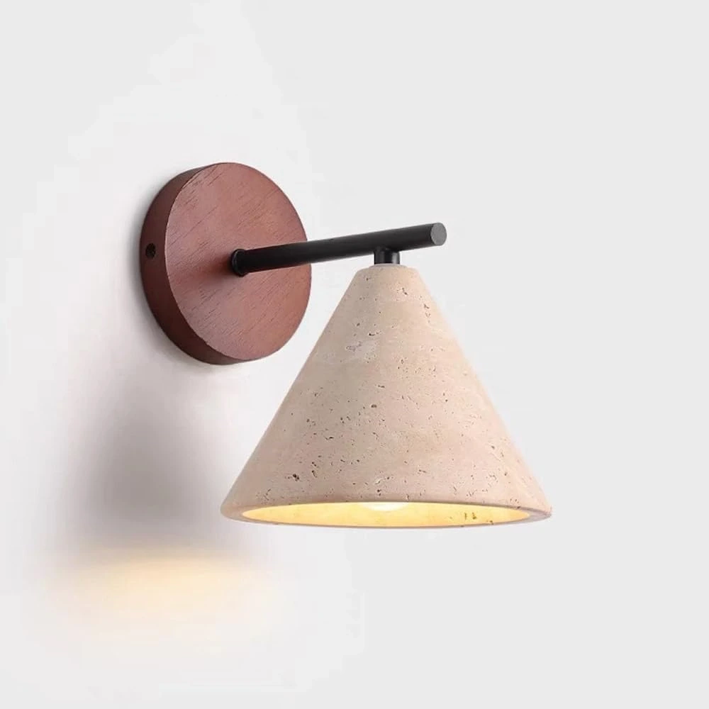 Beige travertine, walnut and black wall light on white