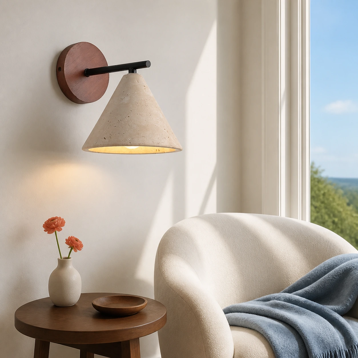 Travertine wall light above a sunlit reading-side table