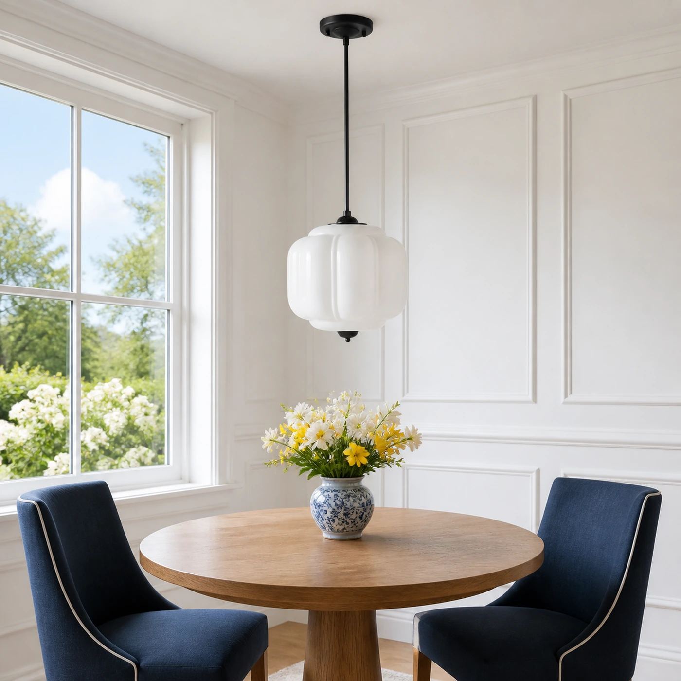 White Glass and Black Mia over a window breakfast table