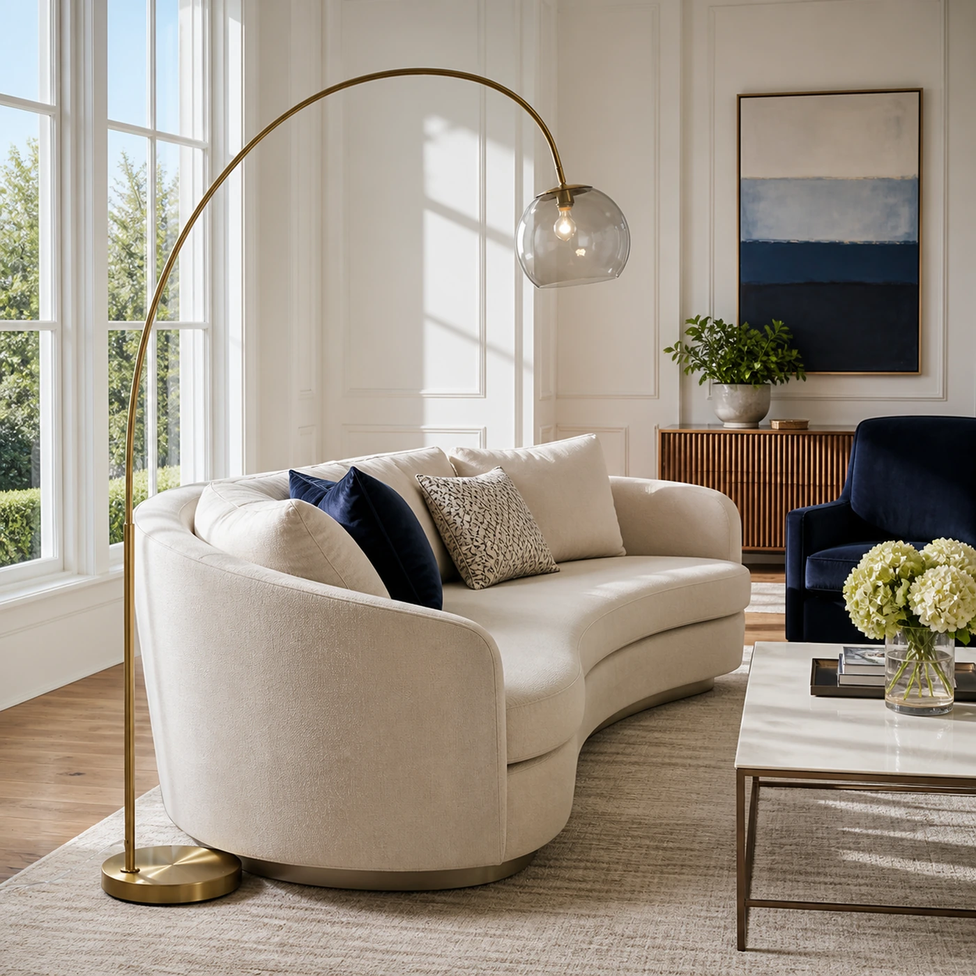Formelle Lounge mit der Keacy Modern Acrylic Brass Bogen-Stehlampe