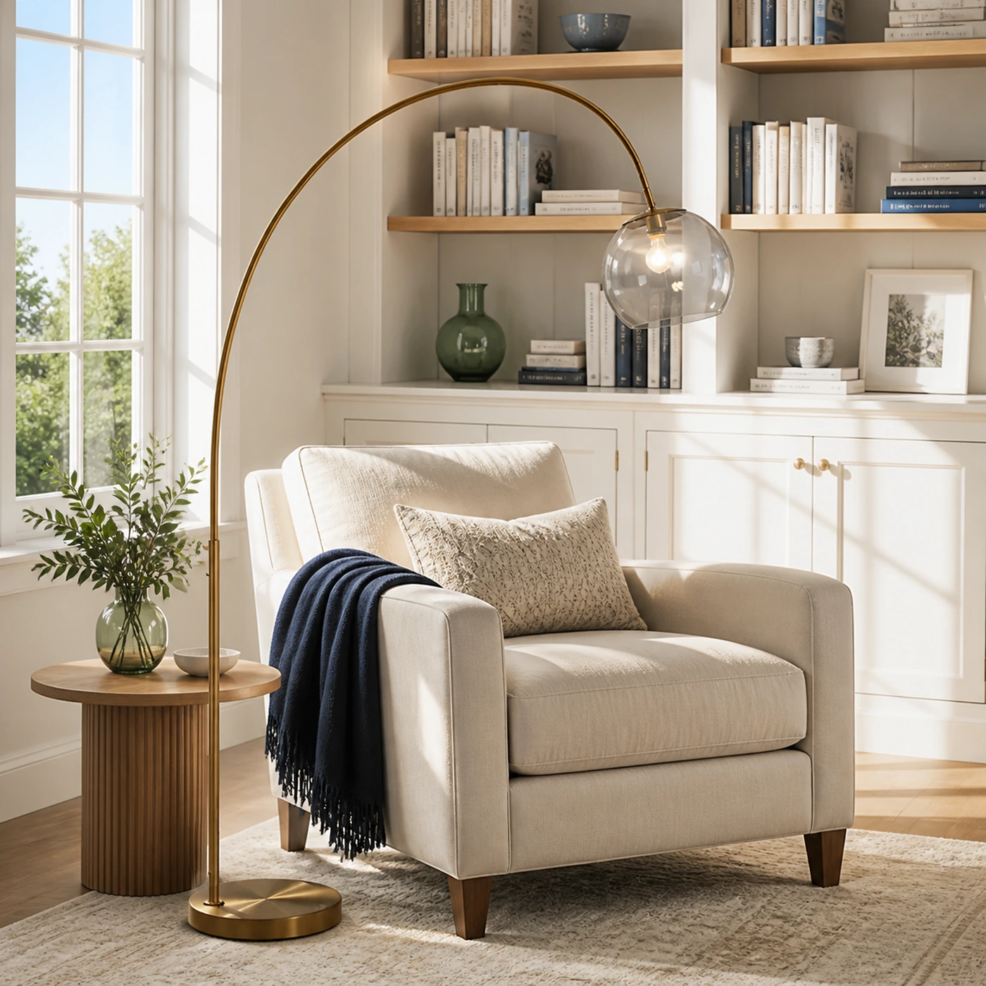 Bibliotheksecke mit der Keacy Modern Acrylic Brass Bogen-Stehlampe