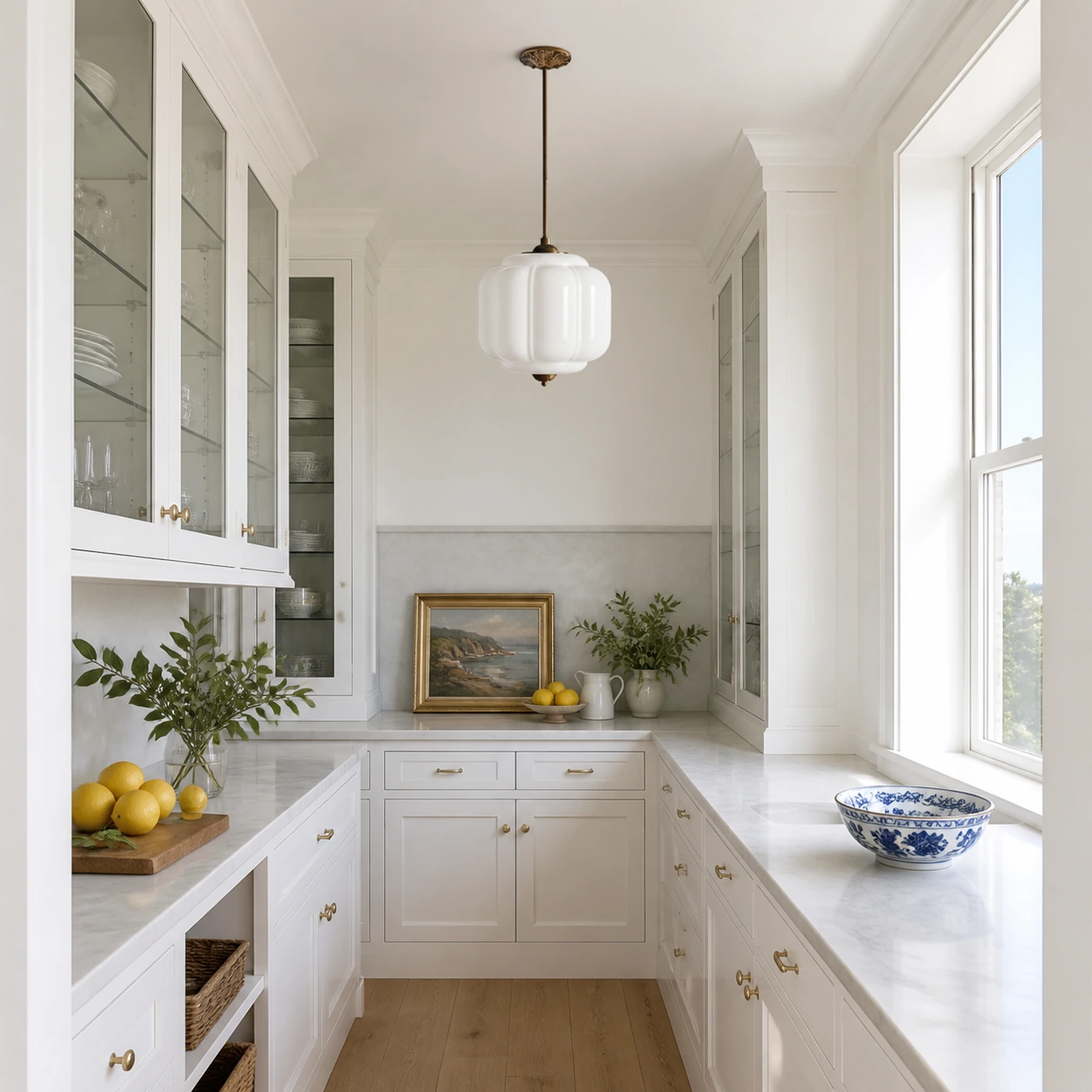 White Glass and Brass Mia in a pantry