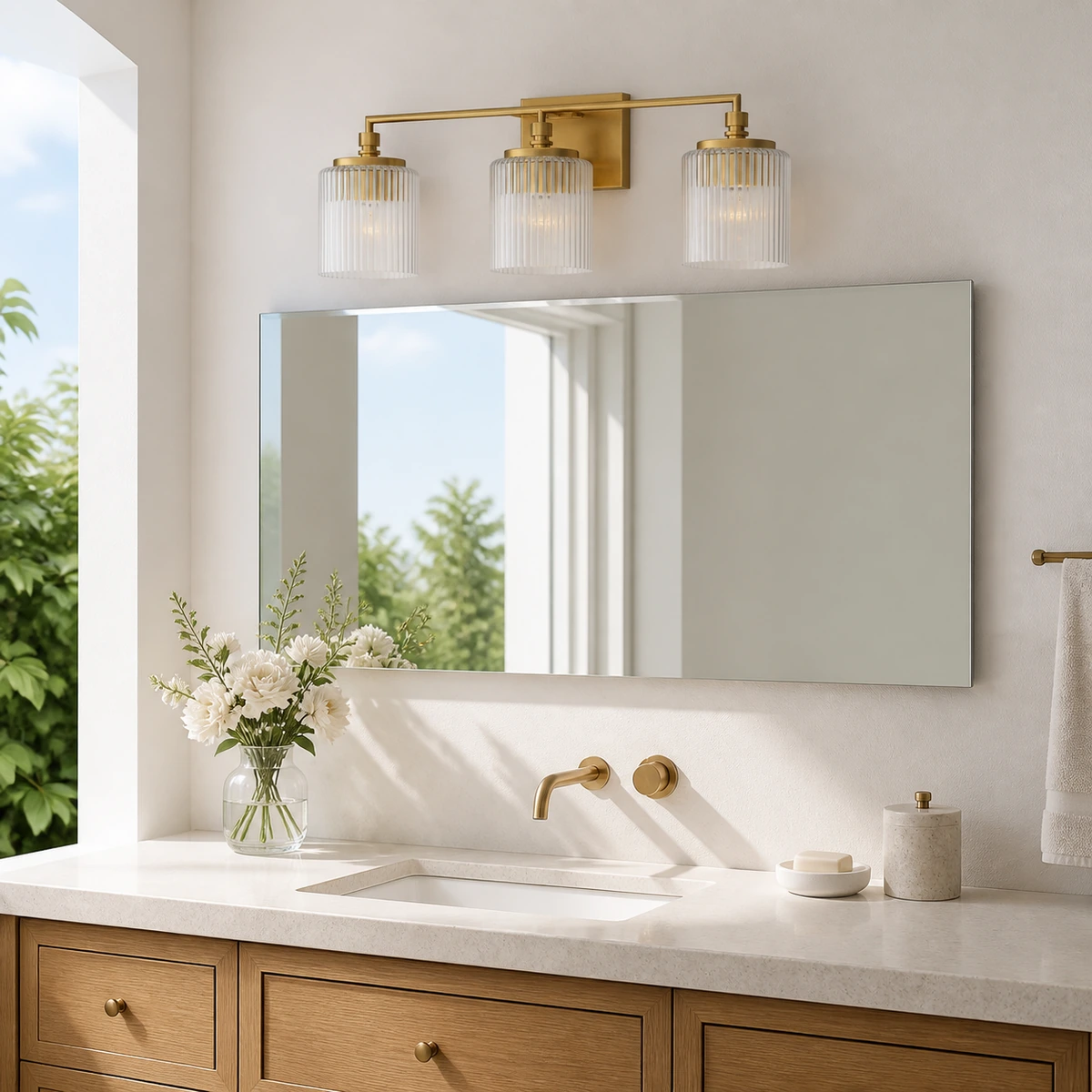 Time Worn Brass Serel ribbed glass wall sconce above a double bathroom vanity