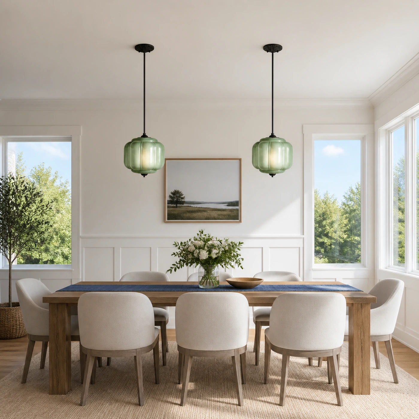 Two Green Glass and Black Mia pendants over a dining table