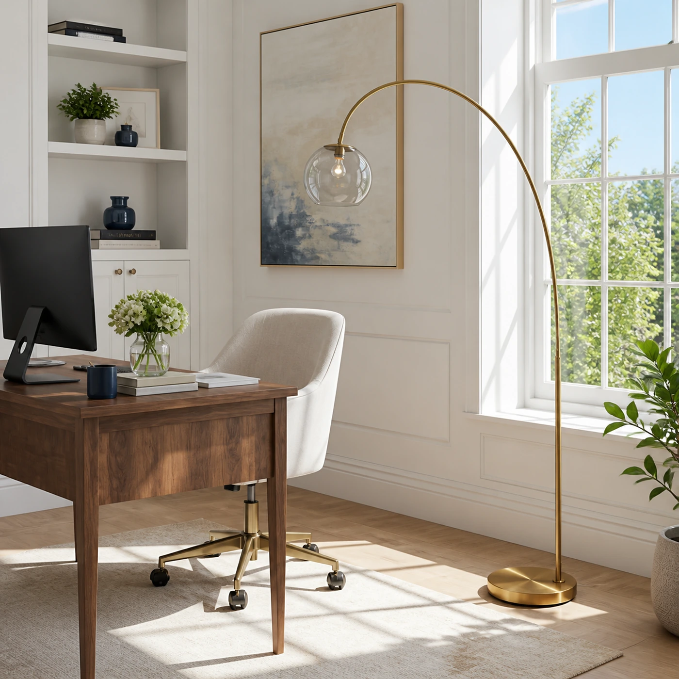 Homeoffice mit der Keacy Modern Acrylic Brass Bogenstehlampe