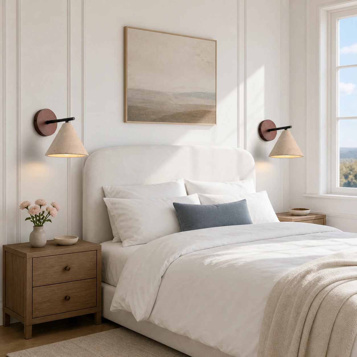 Two travertine wall lights beside a bright upholstered bed