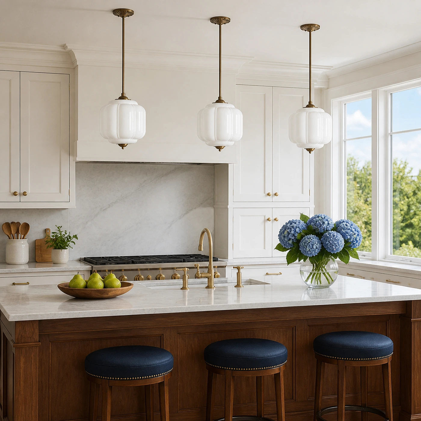 Three White Glass and Brass Mia pendants over a kitchen island