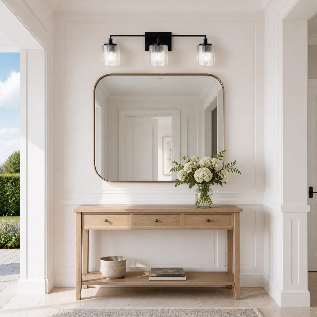 Midnight Black Serel wall sconce above a bright hallway console
