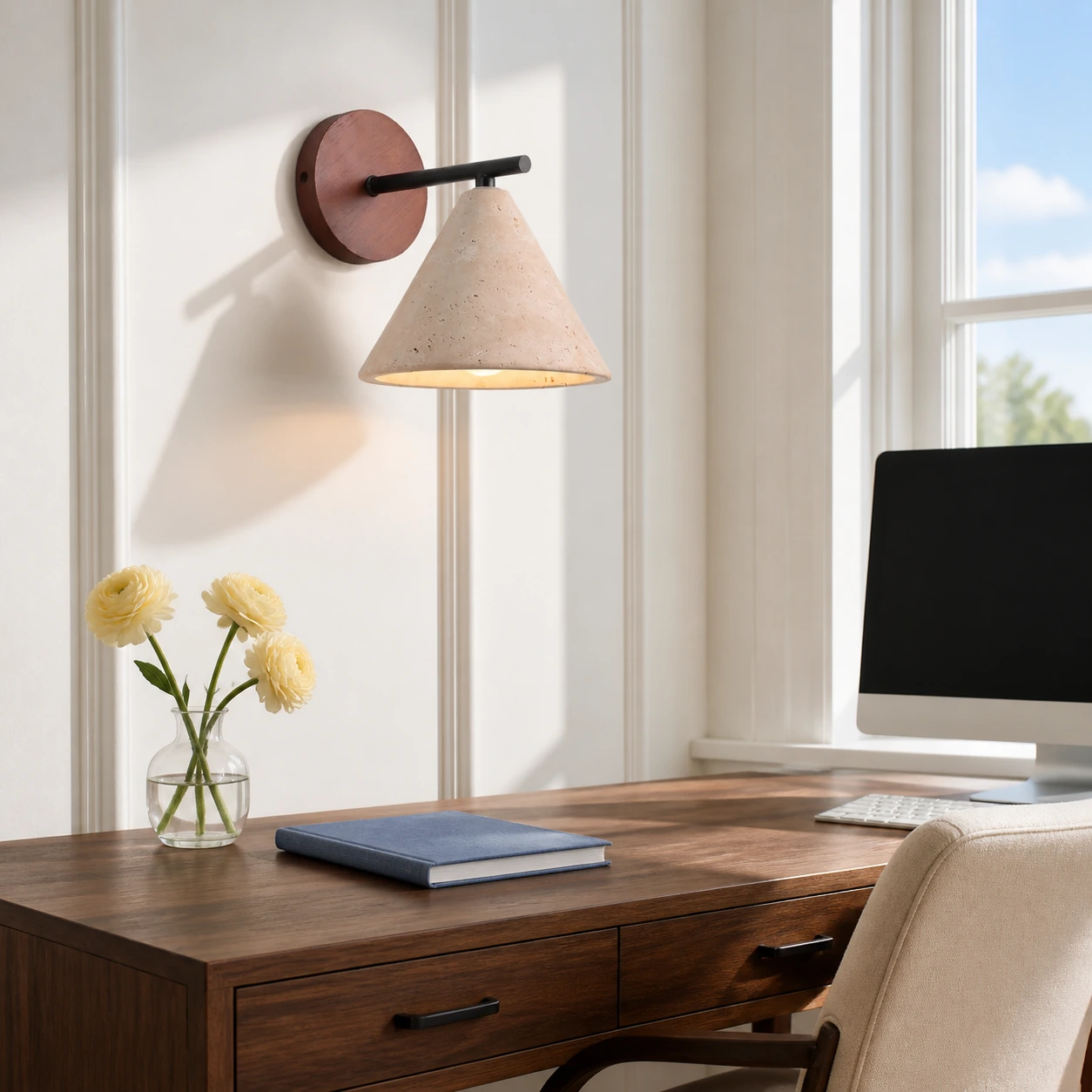 Travertine wall light above a bright home-office desk