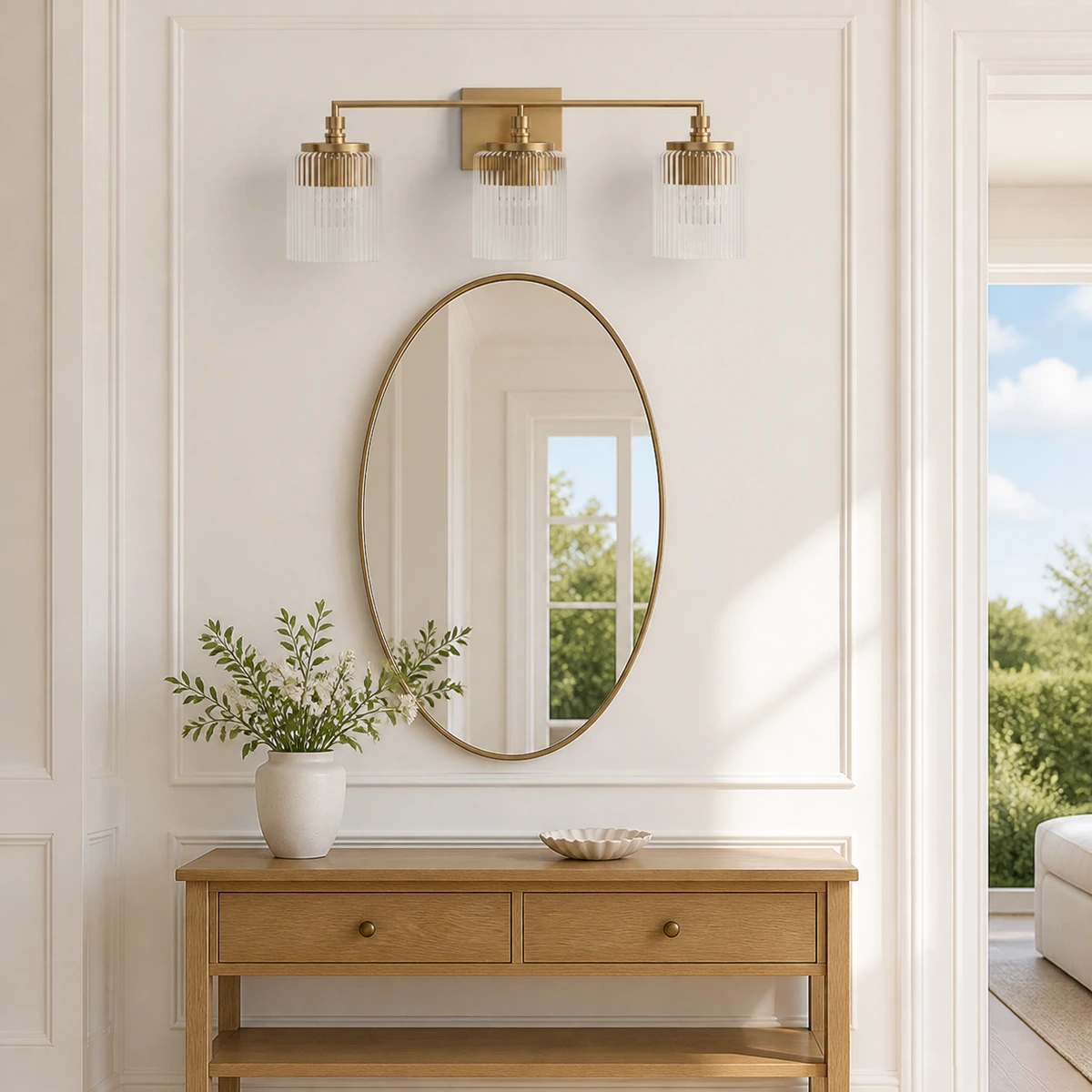 Satin Brass Serel three-light wall sconce above a sunlit entry console
