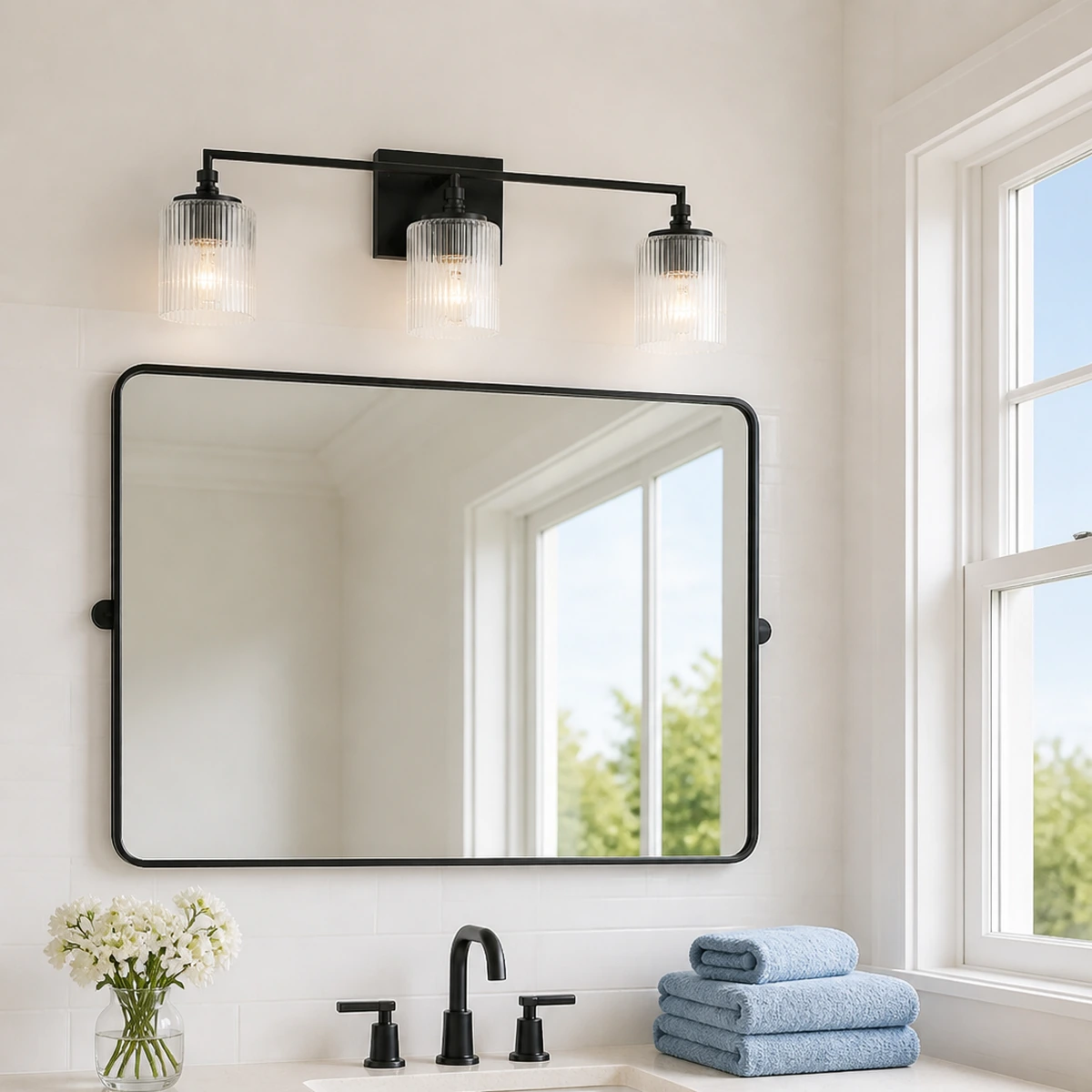 Midnight Black Serel ribbed glass wall sconce above a bright bathroom vanity