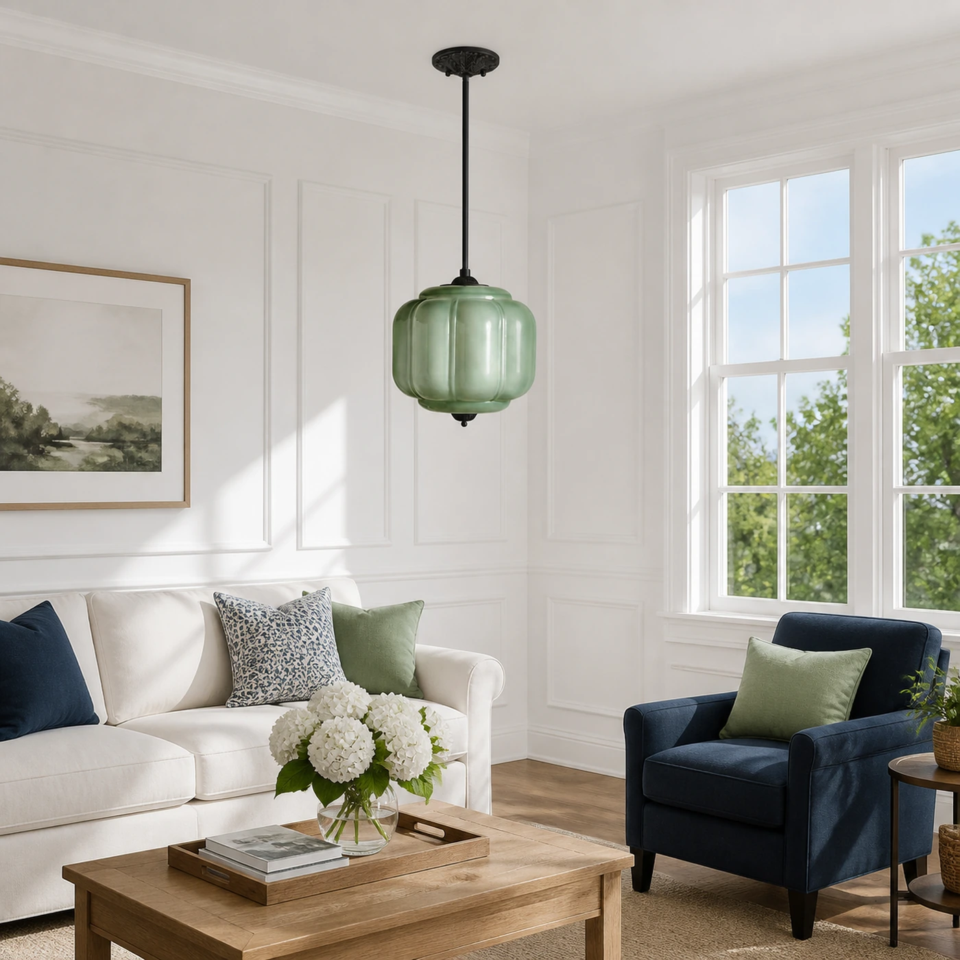 Green Glass and Black Mia in a living room