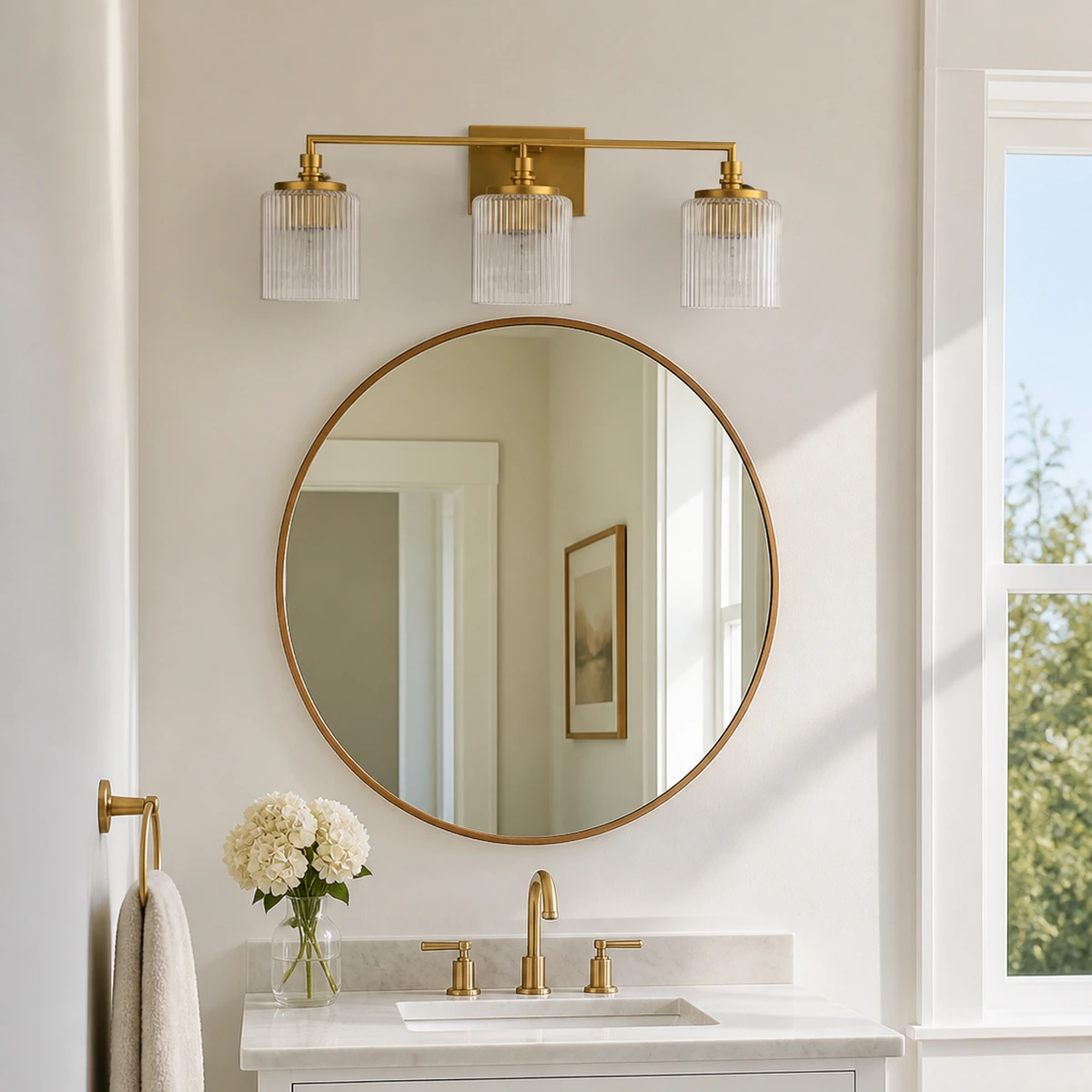 Time Worn Brass Serel wall sconce above a round powder-room mirror