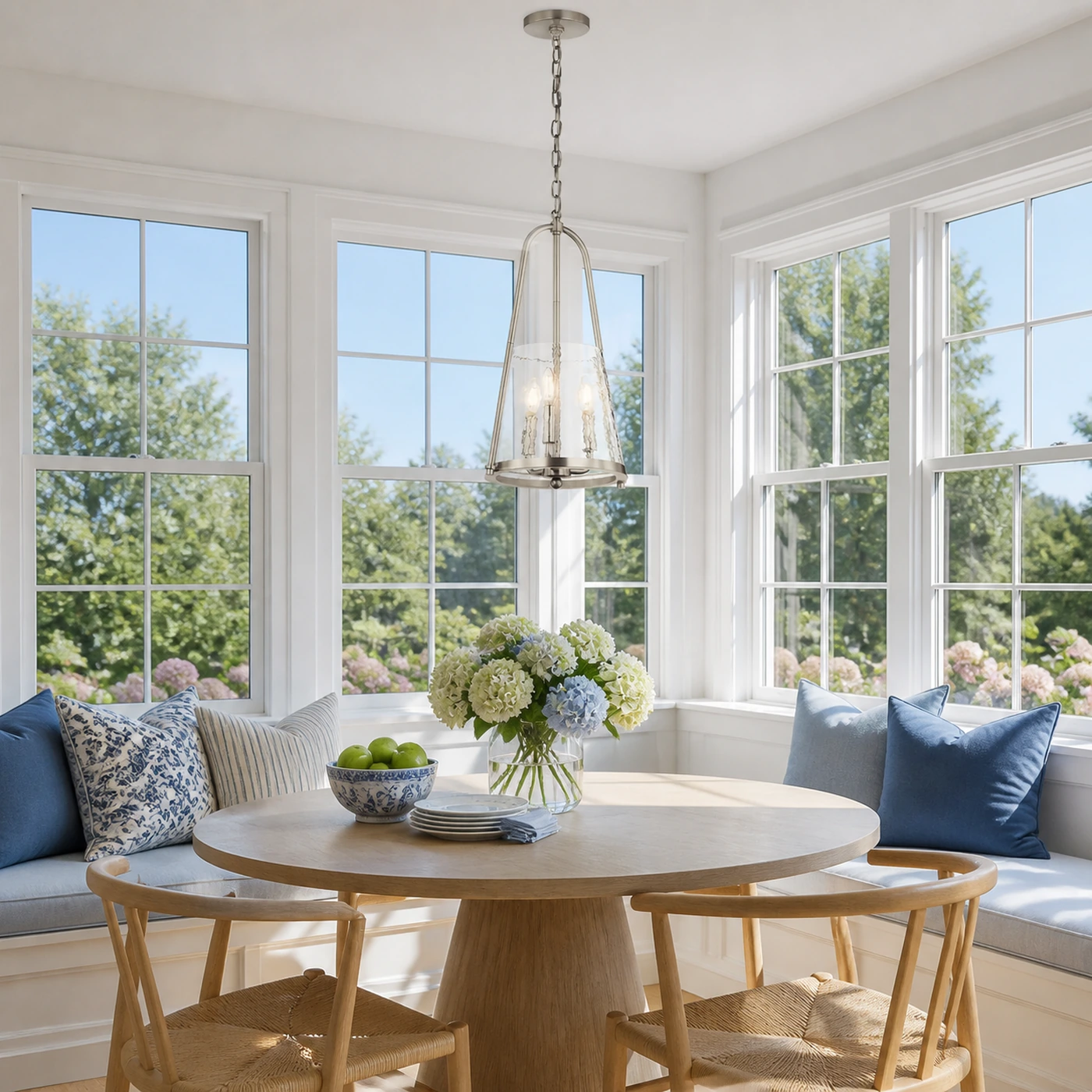 Brushed Nickel Qorlen pendant in a bright sunroom