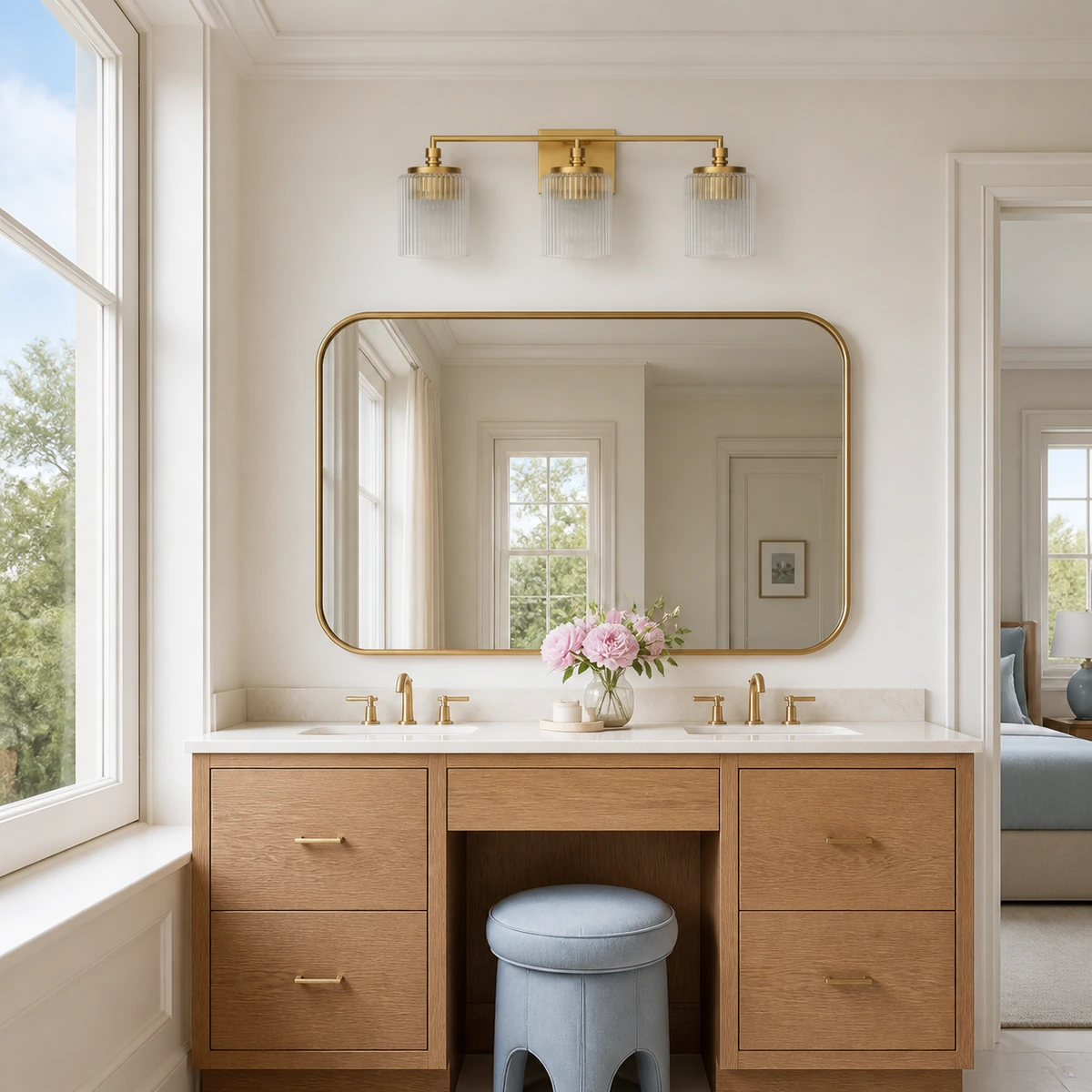 Time Worn Brass Serel three-light wall sconce above a bright bedroom vanity