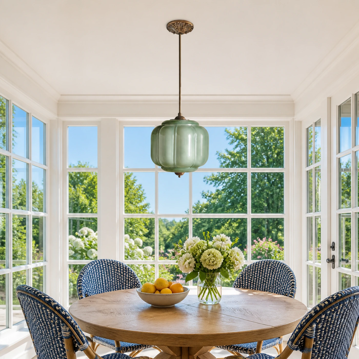 Green Glass and Brass Mia in a sunroom