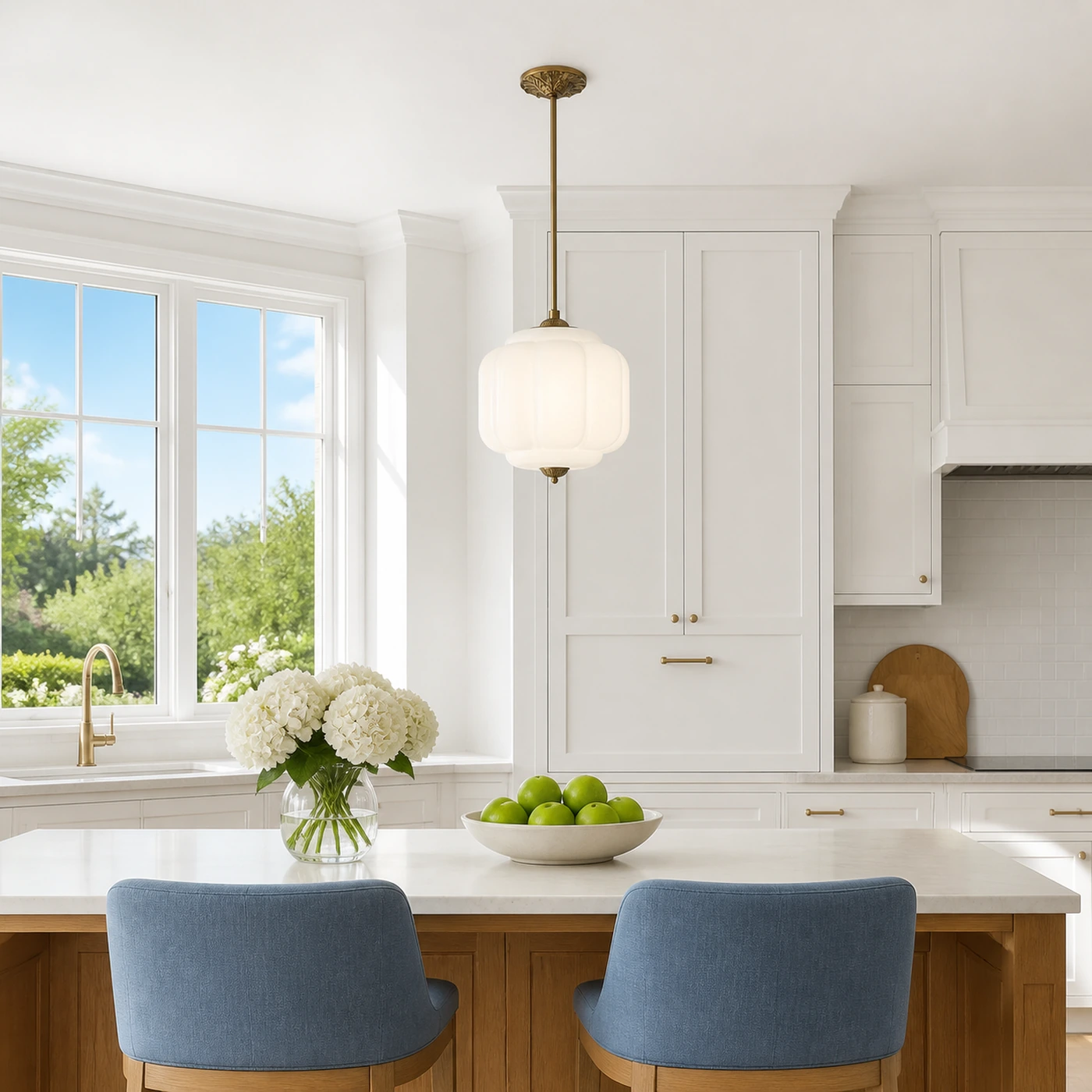 White Glass and Brass Mia in a bright kitchen