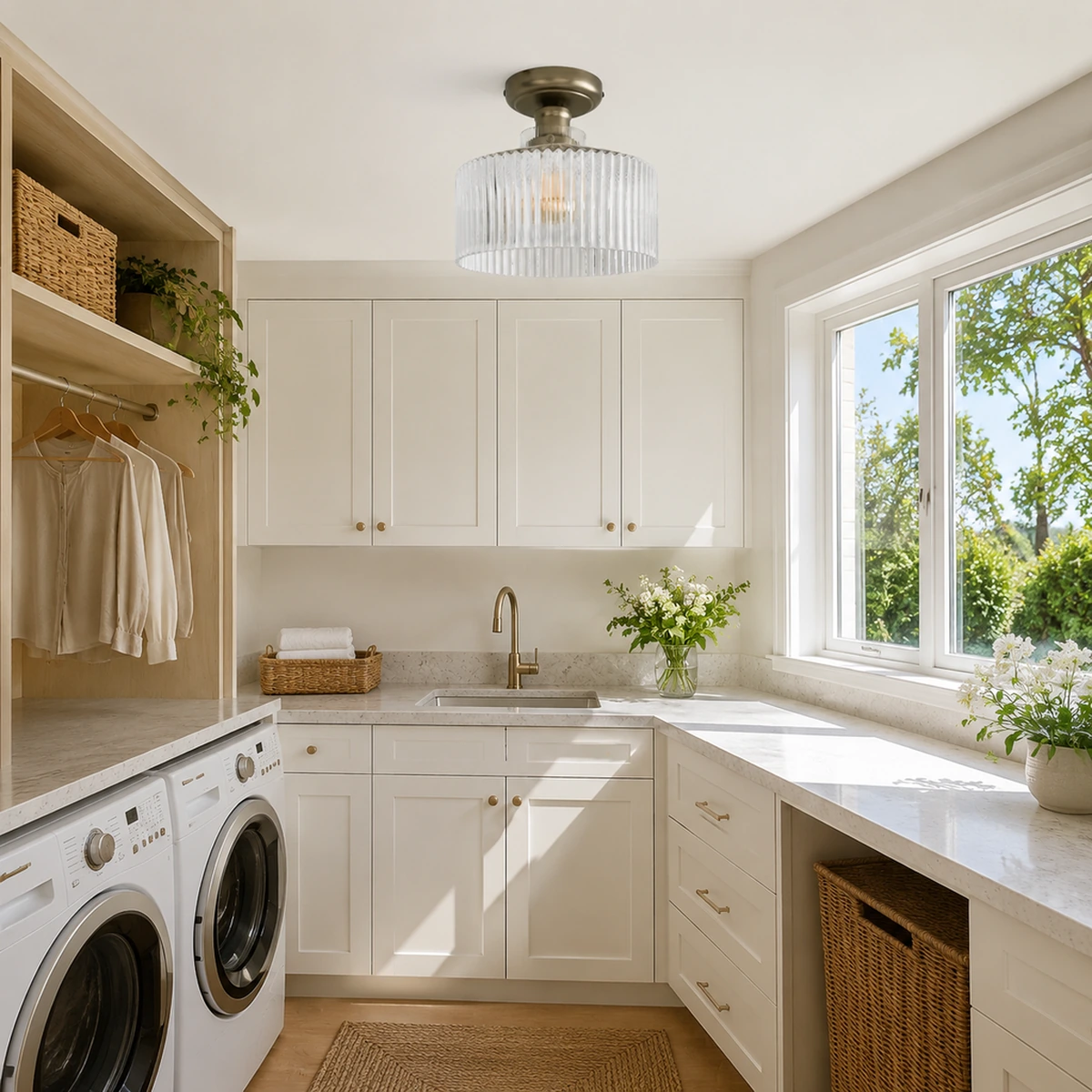 Beacon flush mount in a bright laundry room
