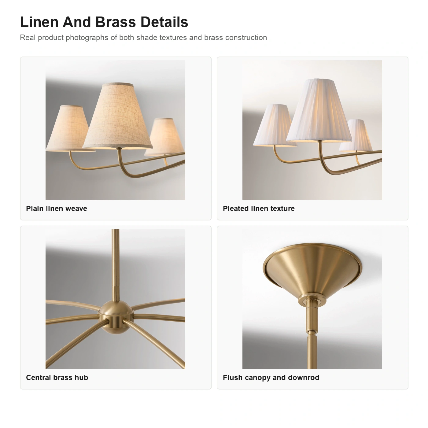 Real Jethro plain and pleated linen shades, hub, and canopy details
