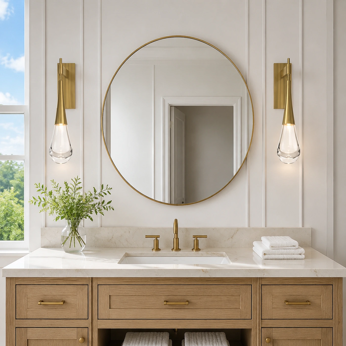 Heritage Brass Vanity featuring the Paciano Water Drop Sconce